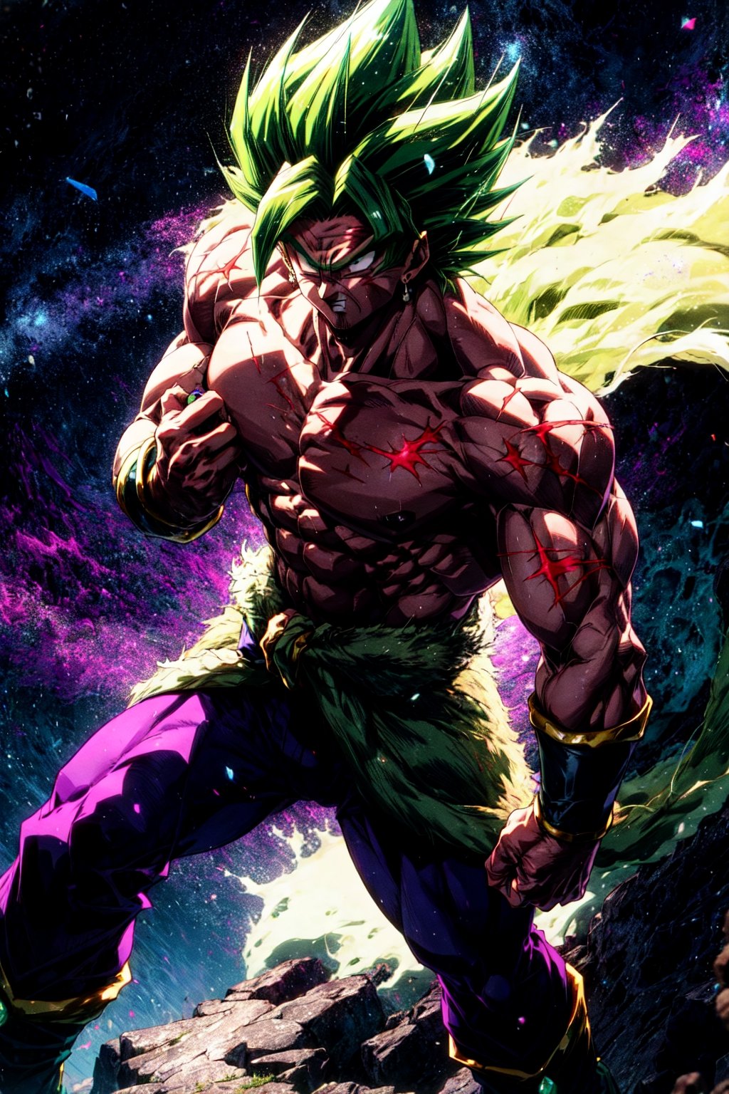 broly, legendary super saiyan, green hair, spiky hair, white eyes, muscular, tall, face scar, left arm scar, bicep scar, green fur pelt draped around the waist, black bracelets, tight purple pants