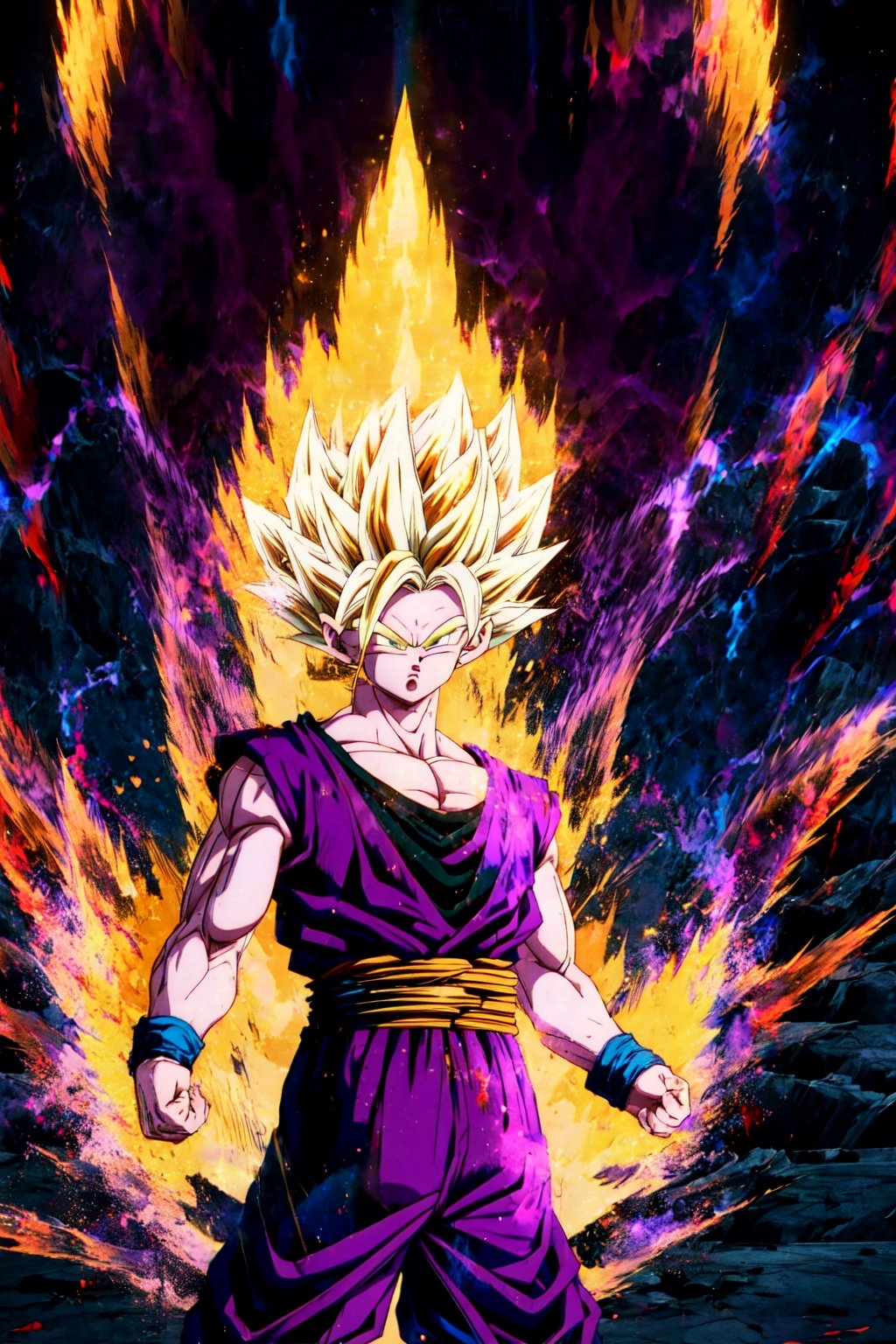 (ssj2), 1boy, yellow hair, green eyes,cowboy shot,yellow aura, electricity,naked purple dougi, purple pants, (blue wristband), red sash, sleeveless,v-neck,looking at viewer,(best quality, masterpiece),Ki Charge,midjourney