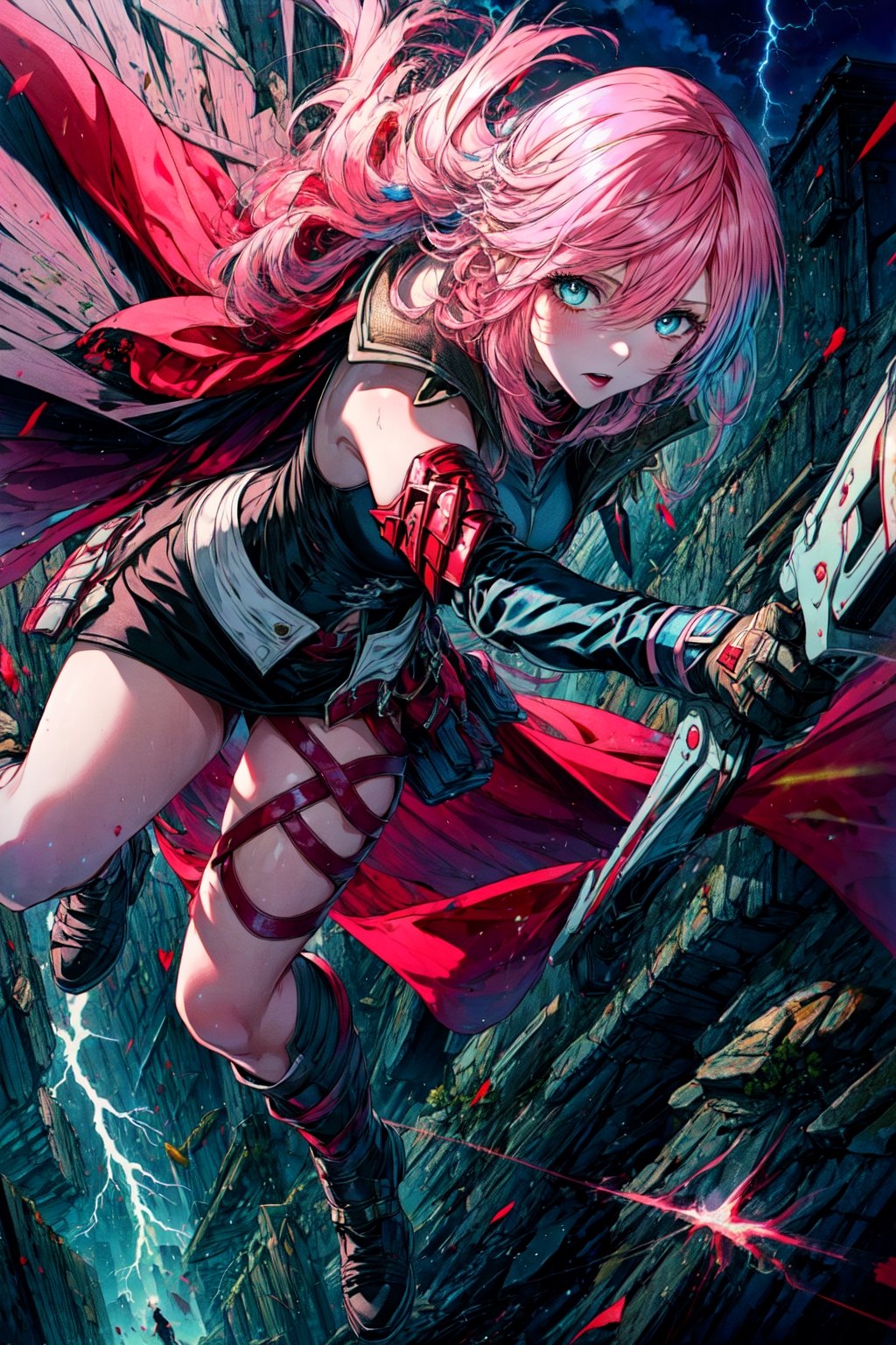 (best quality), (masterpiece),highly detailed, best quality, 1girl, pink hair, pale skin, vibrant blue eyes, wearing black and red armor,red cape,,full body, ((lightning farron)), final fantasy xiii, ,lightning returns: final fantasy xiii, outdoors,