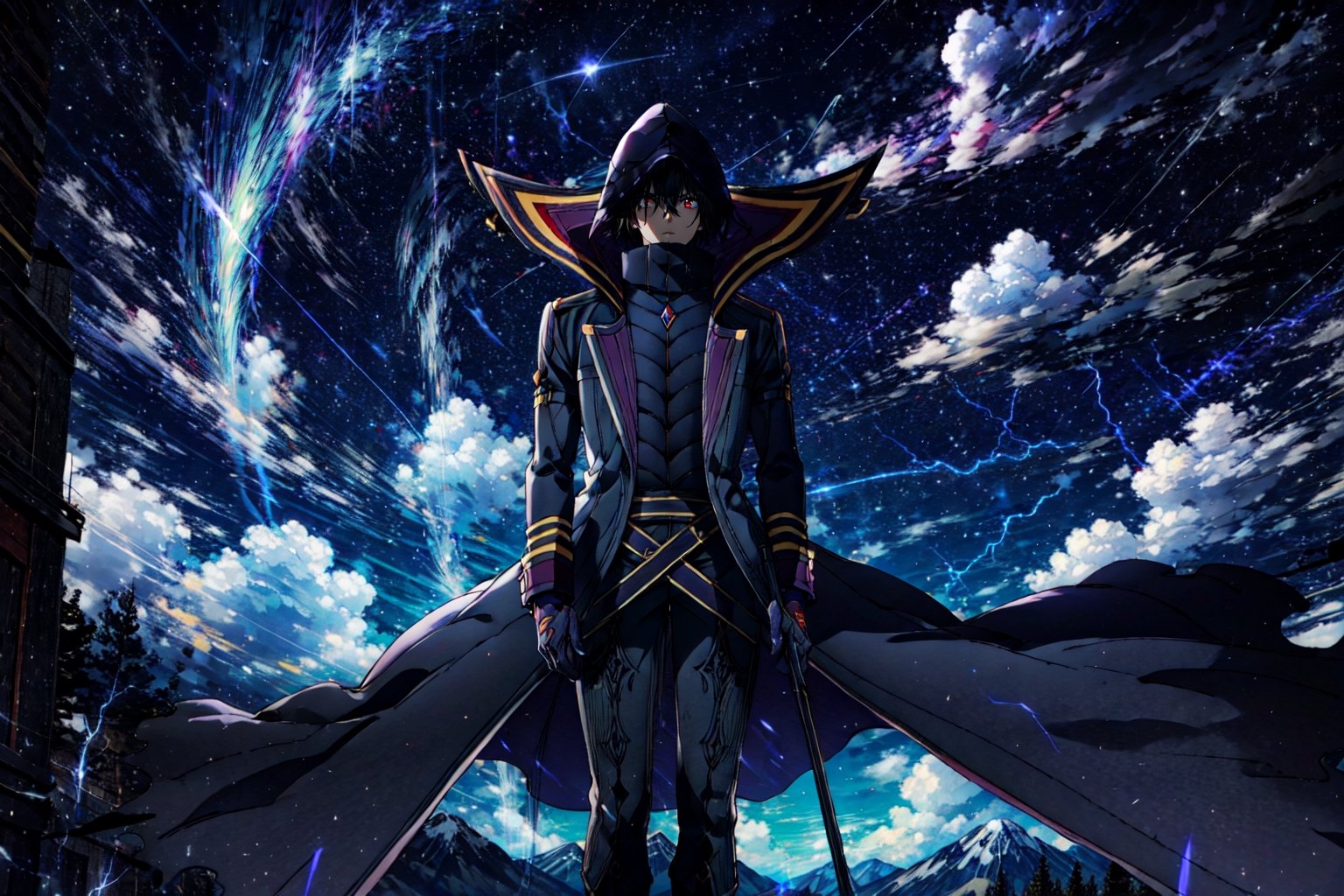 (masterpiece), high quality, highly detailed background, 1boy, solo, , ChopioKagenou, short hair, black hair, hair between eyes, hooded cloak, black coat, trench coat, black gloves, black pants, red eyes, glowing eyes, looking at viewer, mountain, standing on mountain, lightning, from below, night, night sky, storm,CLOUD