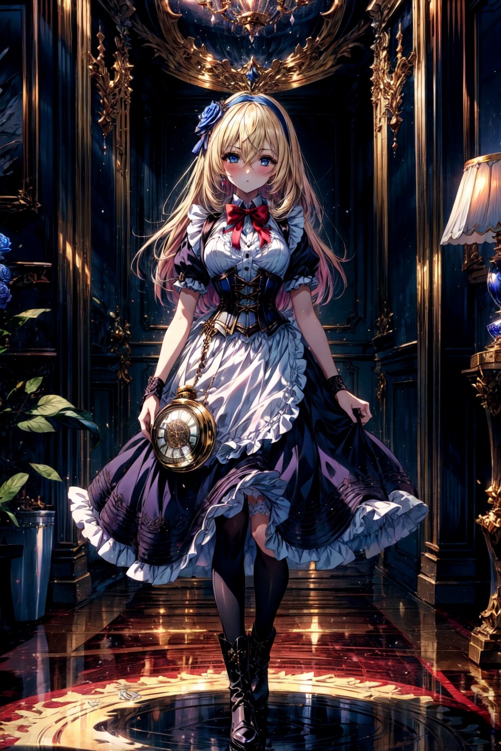 (cygames, official art, shadowverse, shingeki no bahamut ), a beautiful masterpiece portrait of a blonde girl in a blue dress, standing, full body, (she has a large pocket watch pendant watch clock hanging loosely off her shoulder like a pendant), absurdres, highres, (high quality, beautiful, detailed, intricately detailed, ), nose blush, 1girl, frills, looking at viewer, blush, eyebrows visible through hair, breasts, small breasts, solo focus, shadow, hair between eyes, boots, (1girl, blonde hair, blue eyes, dress, long hair, flower, (pocket watch, pendant watch), (blue dress:1.2), rose, apron, hairband, blue hairband, bow hairband, bowtie, bow, petticoat, ((blue corset)), ribbon, frills, wrist cuffs, pink rose, outdoors, puffy sleeves, short sleeves, juliet sleeves, , large dress, thighhighs, frills, black thighhighs, apron, puffy short sleeves, jewelry, red bowtie, wrist cuffs, hair between eyes, bangs, ribbon-trimmed skirt, ribbon trim, :1.0 )