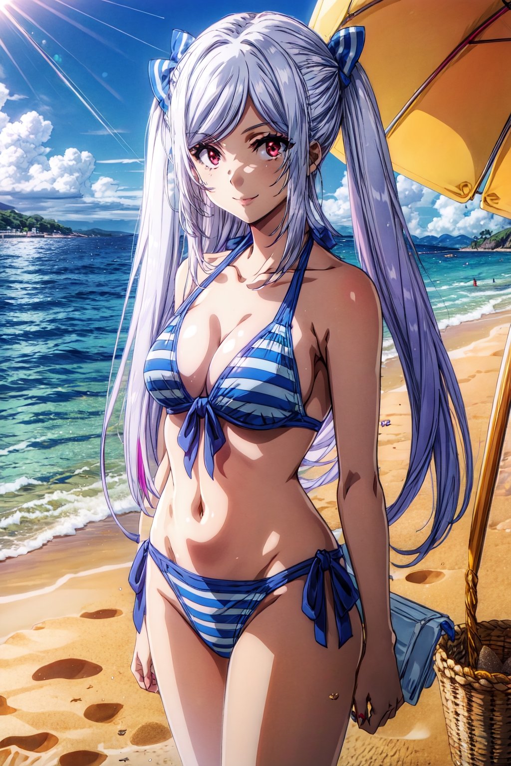 (masterpiece), high quality, highly detailed background, 1girl, nsfw, , ChopioAlexia, long hair, very long hair, white hair, sidelocks, swept bangs, red eyes, looking at viewer:1, twintails, two side up, hair bow, beach, sand, sea, parasol, smile, standing, sun hat, see-through shawl, hand blocking sunlight, bikini, blue striped bikini, side tie bikini bottom, side tie bikini top, medium breasts,