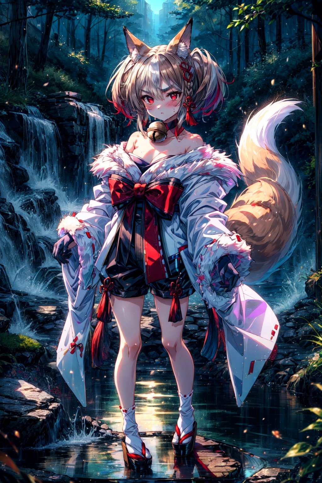 1girl, standing, full body, (highres, realistic, best quality, masterpiece, ultra-detailed, textured, ambient lighting, cinematic lighting), animal ears ,1girl , fox ears ,bangs , red eyes , multicolored hair , twintails , animal ear fluff ,brown hair , hair ornament ,bell , solo , looking at viewer ,braid ,neck bell , fox girl , jingle bell ,gloves , fur trim , ribbon ,two-tone hair ,japanese clothes ,off shoulder ,bare shoulders ,collar ,bow ,long sleeves , streaked hair ,blush , black gloves , tail ,white hair , fox tail , kimono ,wide sleeves , red bow , red ribbon ,multiple tails , red hair , collarbone , hair ribbon , short hair , choker , socks , shorts , ribbon trim , sash , black shorts , rope , small breasts , white kimono , fur-trimmed sleeves , tabi , black footwear , black socks , gradient hair , v-shaped eyebrows , dress ,sandals , hair between eyes , obi , medium hair , grey hair , thick eyebrows , short twintails , strapless , sweat , shimenawa , outdoors , fur-trimmed kimono kitsune,