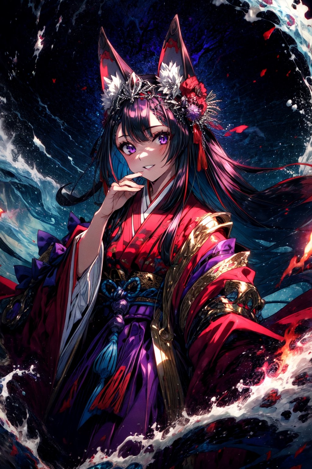 masterpiece,best quality,highres,cinematic lighting,dramatic angle,,1girl,animal ears,hair ornament,purple eyes,black hair,long hair,smile,parted lips,looking at viewer,cowboy shot,japanese clothes,obi,wide sleeves,burning village,blood,sleeves past wrists,hand on own cheek,red topwear,purple skirt,portrait