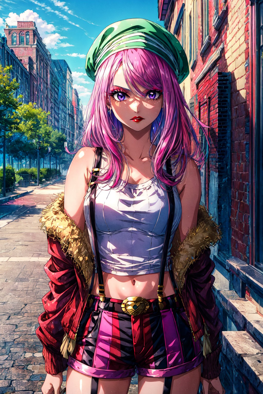 masterpiece, best quality, , bny1, 1girl, solo, purple eyes, pink hair, long hair, green headwear, vertical striped shorts, suspenders, white tank top, open jacket, belt, makeup, red lips, midriff, outdoors, scenery