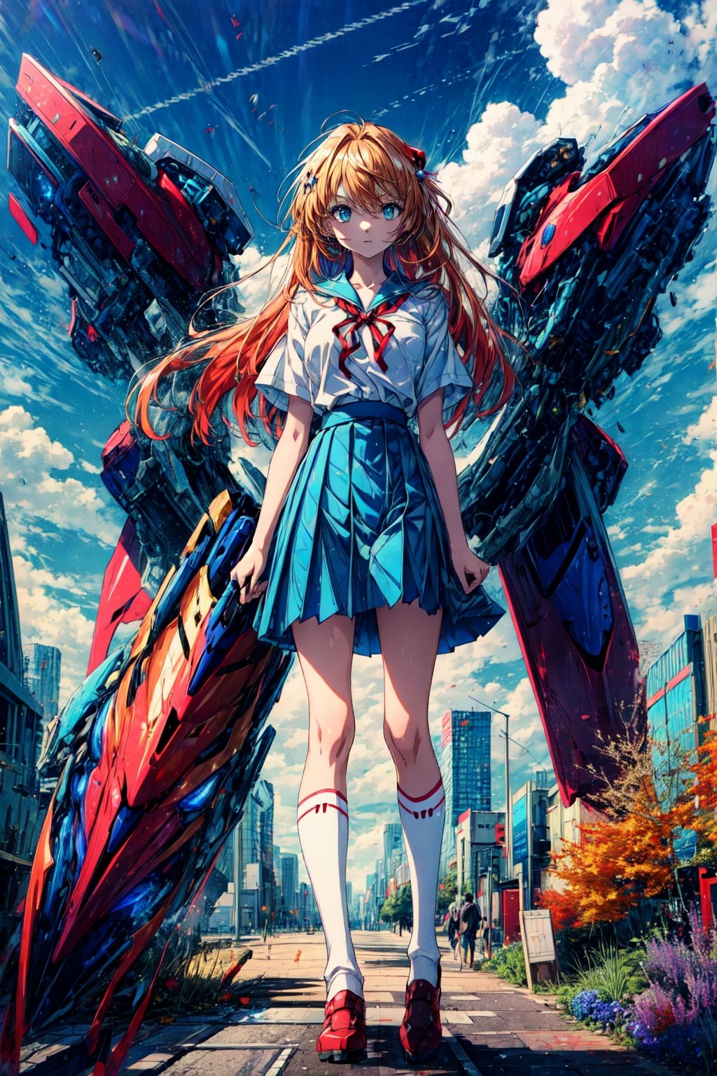 (masterpiece:1.2), best quality, high resolution, asuka, 1girl, long hair, looking at viewer, blue eyes, skirt, shirt, hair ornament, ribbon, school uniform, green eyes, standing, white shirt, short sleeves, sky, socks, cloud, orange hair, red ribbon, blue skirt, kneehighs, arms behind back, robot, mecha, science fiction, interface headset, tokyo-3 middle school uniform, evangelion (mecha), royal, royal background,