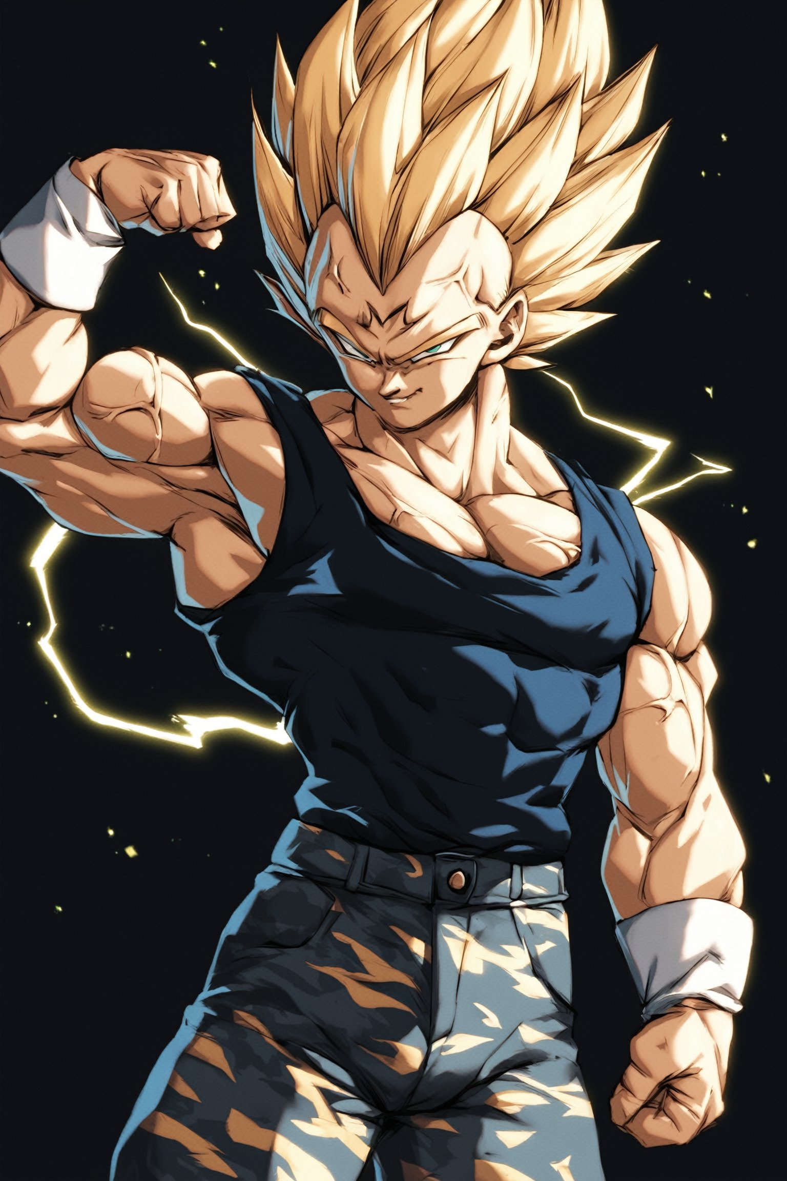 score_9, score_8_up, score_7_up,source_anime, Majin, Vegeta wearing a black tank top and large camouflage pants, flexing to the viewer, veins, black background, yellow lightning around the character, Vintage