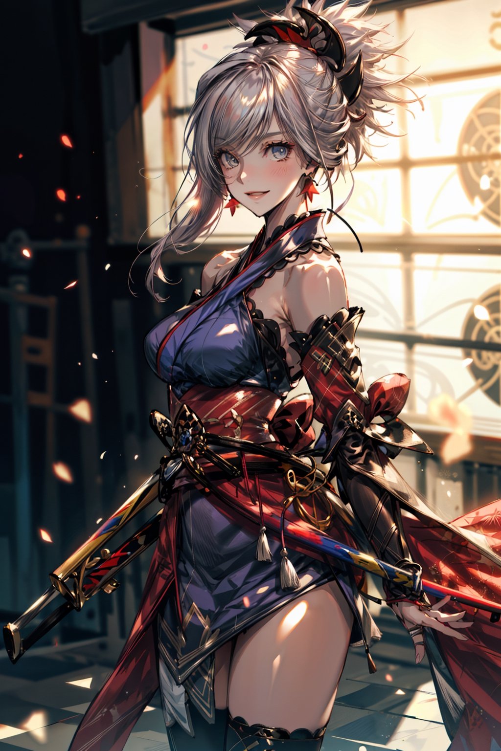 masterpiece,best quality,1girl,miyamoto musashi \(fate\),Saber1,detached sleeves,Default Kimono,wide hips,smile,katana,east asian architecture,from side,cowboy shot, FGOMusashi:0.9,