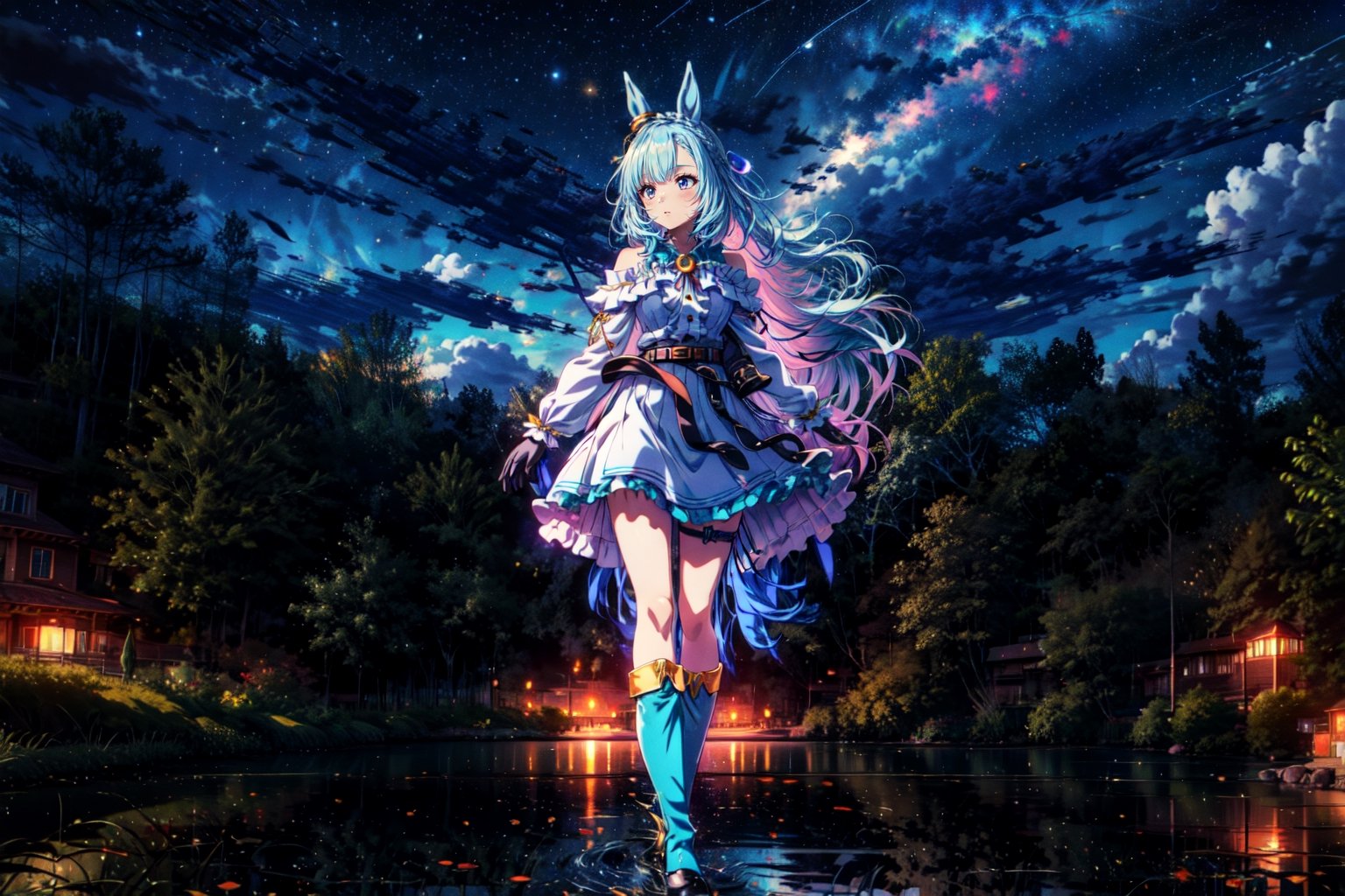 (masterpiece, high quality, best quality, detailed, anime:1.4), 1girl, solo, upper body, night, (lake, outdoor:1.2), (starry sky background:1.2), from back, straight hair, standing  k.s.miracle \(umamusume\), ear covers, blue shirt, collared shirt, blue coat, open coat, white ascot, brooch, jewelry, white gloves, half gloves, long sleeves, belt, black pants, thigh strap, tailcoat, boots  mejiro ardan \(umamusume\), ear ornament, black gloves, white gloves, asymmetrical gloves, mismatched gloves, detached sleeves, puffy sleeves, short sleeves, long sleeves, asymmetrical sleeves, uneven sleeves, ribbon, bare shoulders, off-shoulder dress, black dress, frilled dress, center frills, knee boots, asymmetrical footwear, mismatched footwear