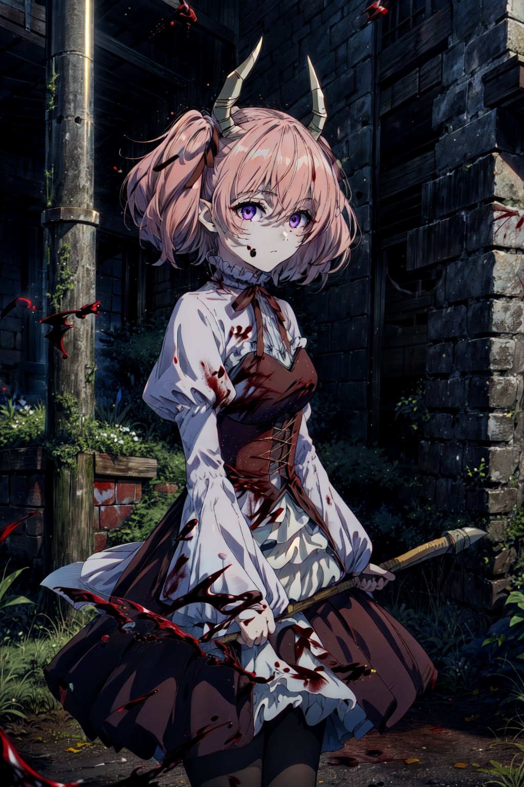 ((masterpiece)), ((best quality)), ((extremely detailed)), (perfect composition), (prefect anatomy), high-res, prefect lighting, absurdres, 1girl, soles, lineye, small breasts, short twintails, hair between eyes, purple eyes, pink hair, medium hair, demon horns, dark red hair ribbon, pointy ears, enchanting expressionless, ((looking at viewer)), frilled shirt collar, dark red choker, white frilled shirt, juliet sleeves, long sleeves, dark red neck ribbon, dark red dress, white frilled dress, white layered dress, brown corset, striped pantyhose, outdoors, (prefect battle axe, double headed axe, holding axe):5.8, medieval castle, palace, advanced cg, amazing quality, octane rendering, (((blood stains))).