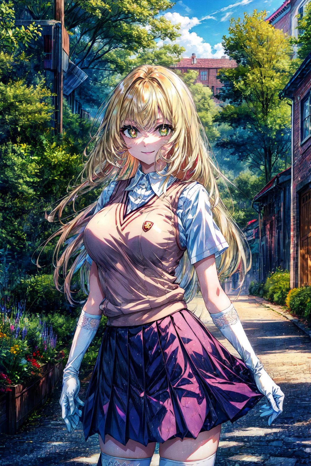 masterpiece, best quality, highres, hmmisaki, aaakane, long hair, green eyes, symbol-shaped pupils, +_+, large breasts, tokiwadai school uniform, sweater vest, short sleeves, white gloves, elbow gloves, pleated skirt, white thighhighs, , , cowboy shot, standing, smile, outdoors, straight-on, arms at sides