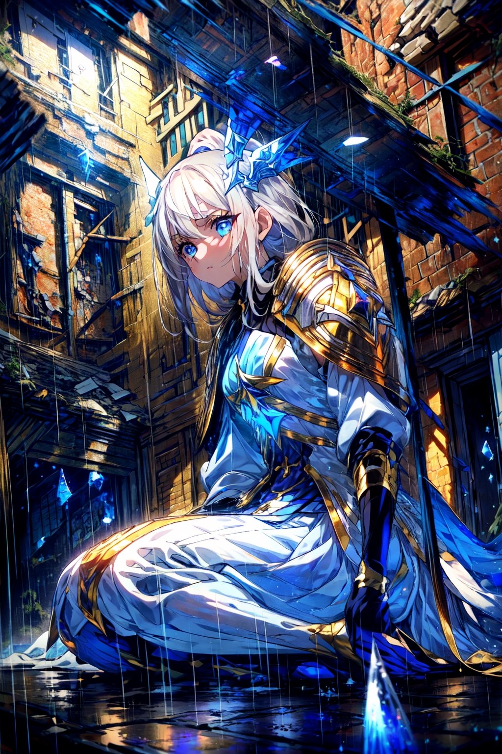 masterpiece,best quality,highres,1girl,,yellow eyes,alternative2,hair ornaments,white armor,middle blue skirt,blue eyes,(rain:1.3),in ruins,collapsed Medieval architecture,monochrome,portrait,kneeling,sad,looking at side,close-up,(depth of field:1.2),gradient background,despair