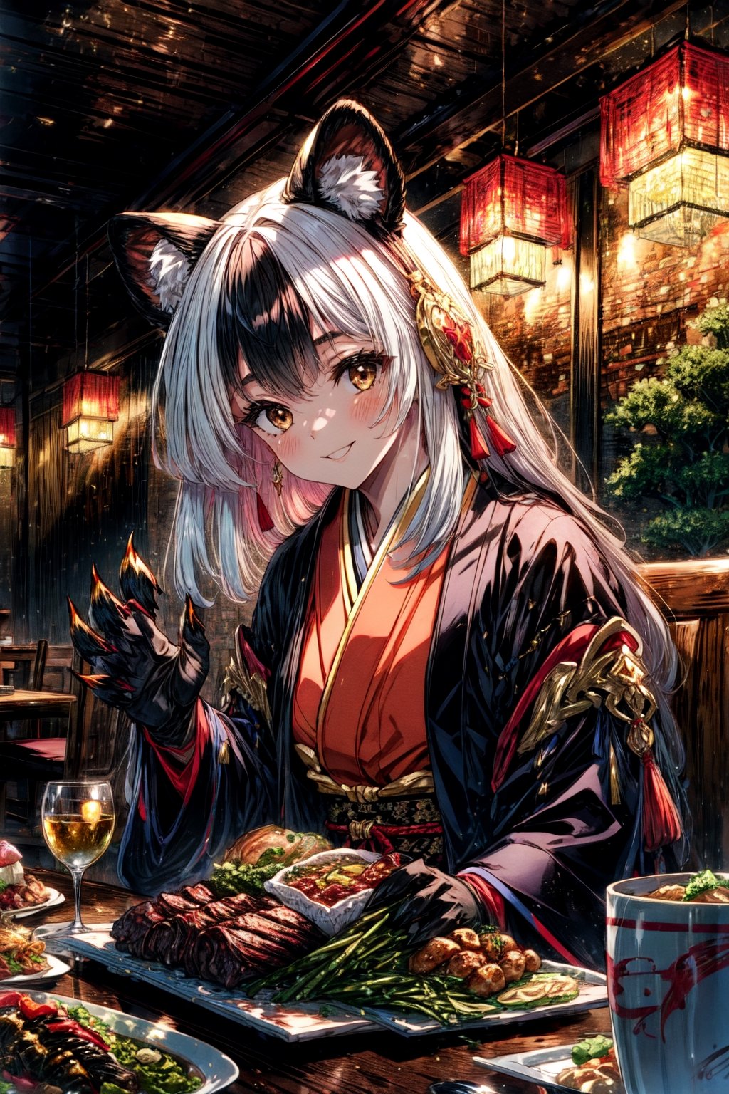 masterpiece,best quality,highres,cinematic lighting,dramatic angle,1girl, ,1girl,animal ears,japanese clothes,black open jacket,obi,smile,eating,(:3:0.68),looking at viewer,brown eyes,bamboos,dynatic pose,cowboy shot,sitting across table,gold-trimmed,magic,multicolored hair,(black hair:white hair:0.86),frills,claws,black elbow gloves,(open mouth:0.43),magic,feast,foods on table,restaurant