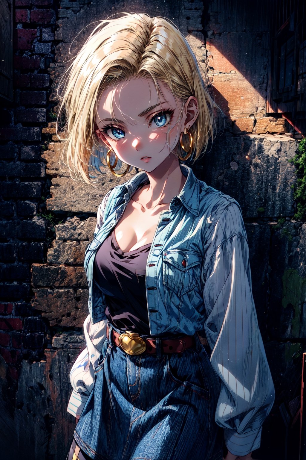 (masterpiece, best quality), 1girl,  android 18, blonde hair, blue eyes, eyelashes, hoop earrings, short hair, earrings belt, black legwear, black shirt, breast pocket, cleavage, collarbone, denim, denim skirt, high-waist skirt, jewelry, long sleeves, pocket, shirt, shirt tucked in, skirt, striped, striped sleeves, waistcoat,