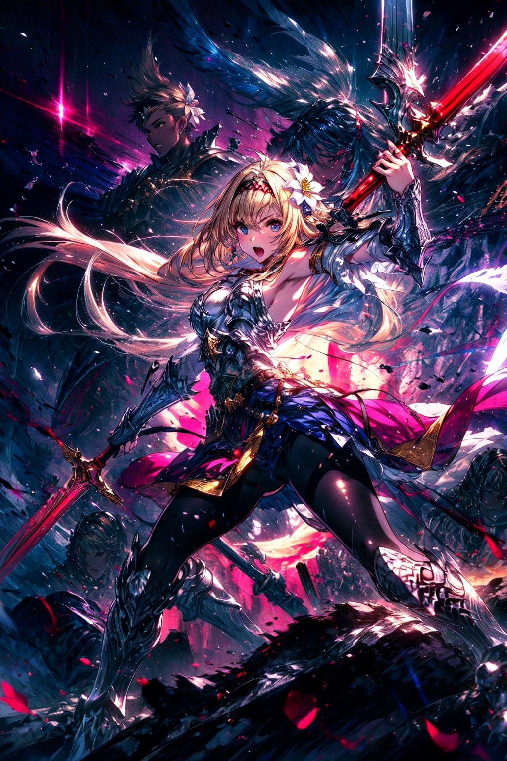 masterpiece,best quality,highres,cinematic lighting,dramatic angle,1girl, ,blonde hair,blue eyes,hair ornaments,hair ornament,hair flower,hairband,looking at viewer,dynatic angle,dual wielding,sword,costume6,sei shoujo,white armor,shoulder armor,bare shoulders,gold trimmed,black pantyhose,boots,red ribbon,thick thighs,portrait,glowing,very long hair,serious,open mouth,chestplate,Virtuous Guardian,breasts,gauntlets,spear