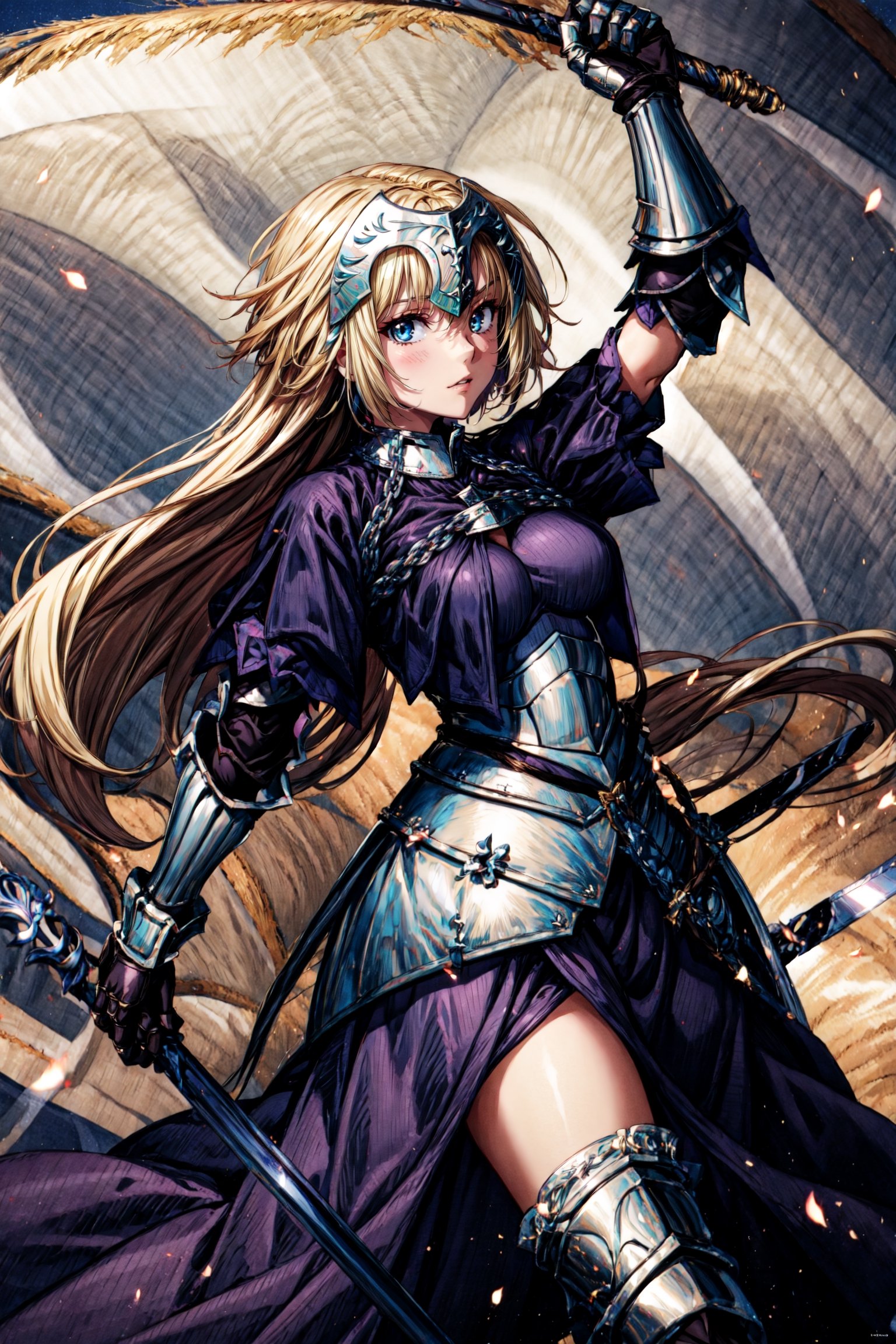 masterpiece, best quality,1girl,,solo, long hair, blonde hair, jeanne d'arc (fate), armor, blue eyes, weapon, sword, armored dress, gauntlets, headpiece, jeanne d'arc (third ascension) (fate),(kbxll:1), , front view