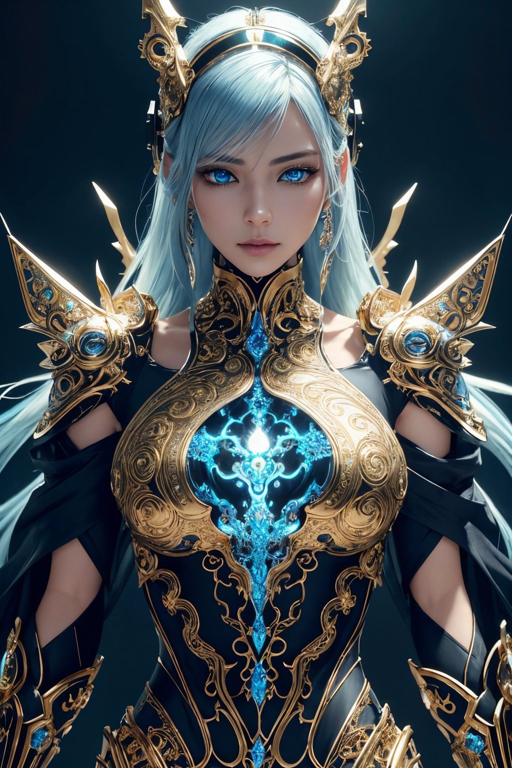 surreal photography of a stunningly beautiful cyborg female, blue eyes, embraced, delicate gold filigree, intricate detailed, glowing, in the style of beth cavener, jin kagetsu, and wlop, highly detailed, intricate filigree, chrome face symmetry, masterpiece, award - winning, sharp focus, concept art, high key, ambient lighting, 8 k, octane render