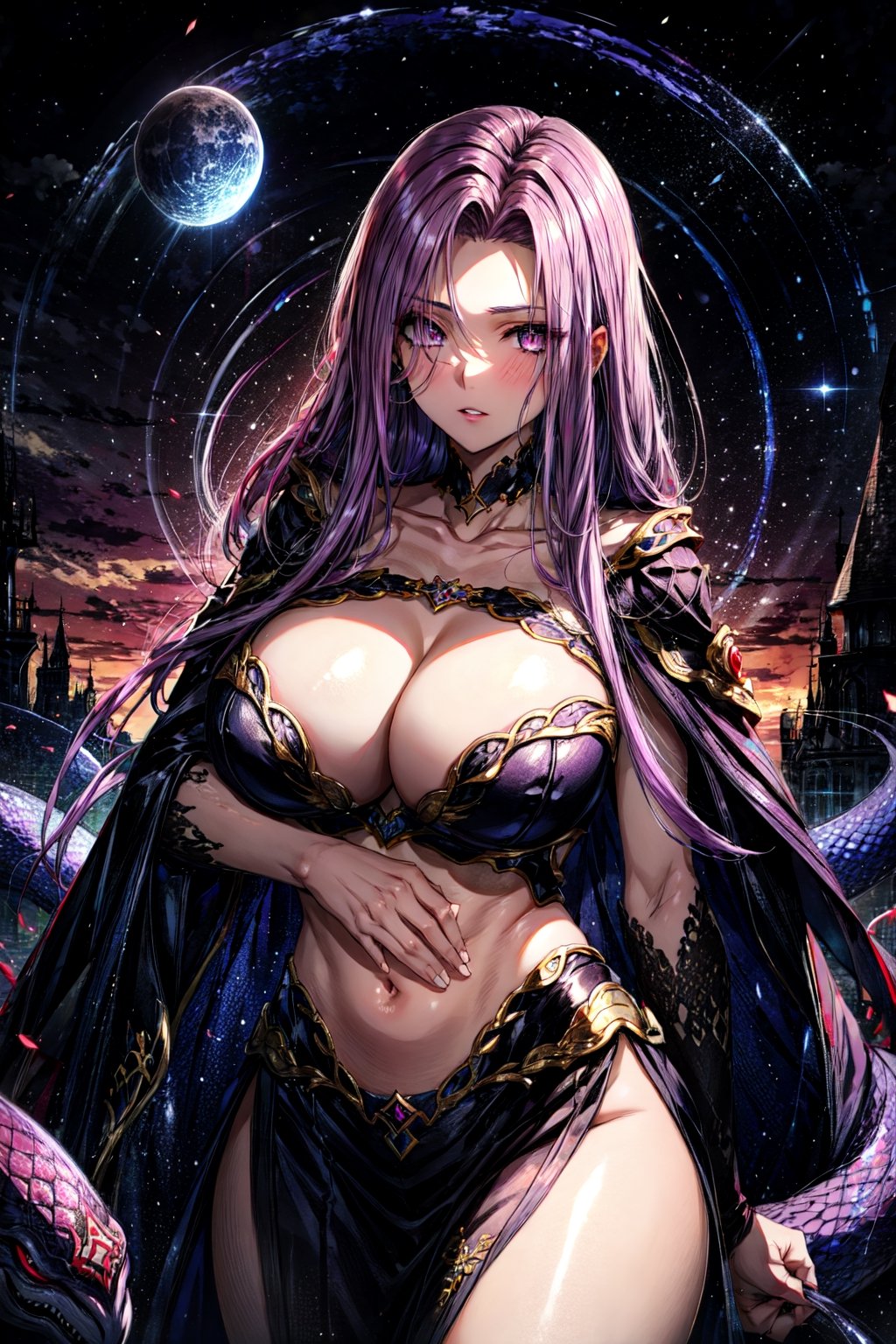 ((MedGorg)), 1girl, solo, long hair, looking at viewer, large breasts, cleavage, very long hair, purple eyes, collarbone, purple hair, parted lips, huge breasts, parted bangs, bustier, slit pupils, cowboy shot, scales, snake hair,EpicArt,Circle