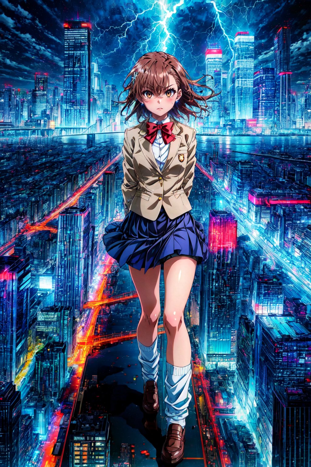 masterpiece, best quality, , misaka mikoto, (cowboy shot:1.2), 1girl, Urban, Cityscape, Skyscrapers, Electric, Lightning, Futuristic, Technological, Power, Magnetic, High-tech, Railgun, Energy, Electromaster, Vibrant, Energetic, Dynamic, Action-packed, Thrilling, Rooftop, Power lines, Sparkling, Electrical arcs, Adventure, Streetlights, Charging, Pulsating, Pulse beams, Striking, Blue hues, Fast-paced, Skyline, Energy bolts, Neon lights, Urban sprawl, Overpass, Techno-wizardry, Unforgettable,bowtie, brown jacket, red bow, red bowtie,blazer, bow, school uniform, skirt, pleated skirt, shorts, grey skirt, socks,loose socks, shorts under skirt, black skirt, short shorts, looking at viewer, arms behind back,