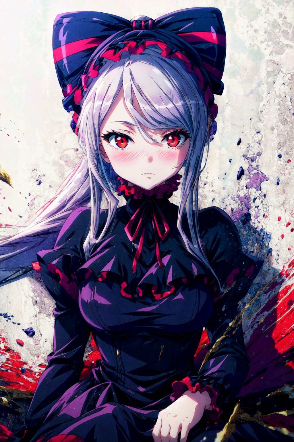 shalltear,1girl,solo,long hair, breasts,looking at viewer,blush,bangs,red eyes,long ,sleeves,white background,dress,bow,ribbon,sitting,very long hair,closed mouth,ponytail,hair bow,grey hair,sidelocks,frills,striped,twitter,username,black dress,neck ribbon,frilled dress,?,lolita fashion,striped bow,gothic lolita,vampire,bonnet, ,Quality, (masterpiece), highres, intricate, intricate details, absurdres, finely detailed, ultra-high texture quality,