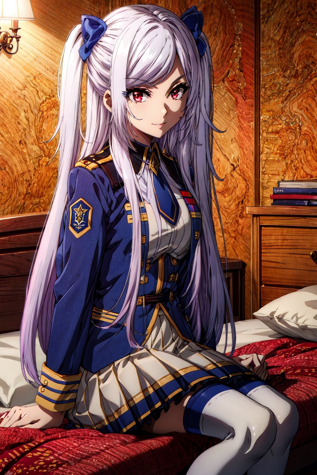 (masterpiece), high quality, highly detailed background, 1girl, solo, , ChopioAlexia, long hair, very long hair, white hair, sidelocks, swept bangs, red eyes, looking at viewer, twintails, two side up, hair bow, (outfit_1:1), jacket, uniform, military uniform, blue necktie, long sleeves, white and blue skirt, pleated skirt, layered skirt, white thighhighs bedroom, bed, sitting, seductive smile,