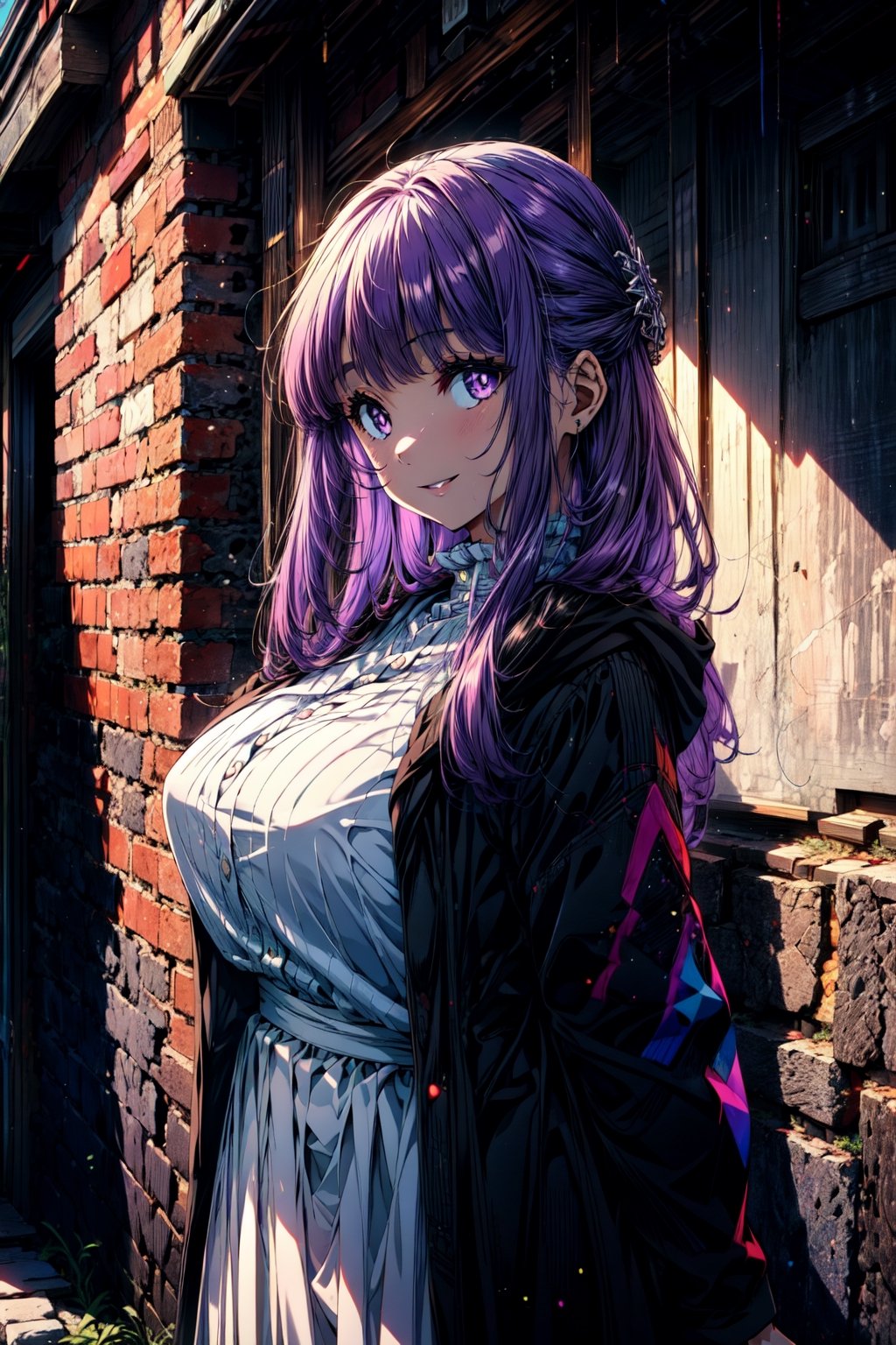 best quality, masterpiece, 1girl, (solo:1.1), raytracing, ultra detailed,detailed face, 8k wallpaper, wide hips, , FernNDV, 1girl, purple hair, purple eyes, large breasts, long hair, open clothes, black robe,long white dress, , smile, outdoor