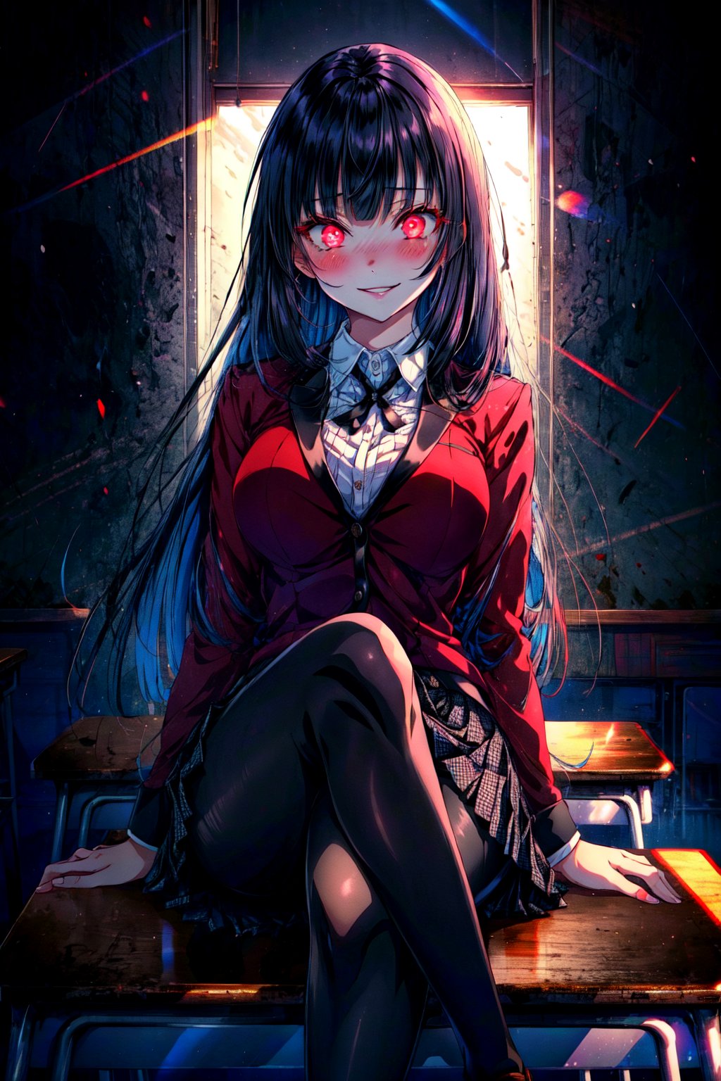 masterpiece, best quality, highres, hmjy1, long hair, blunt bangs, school uniform, red jacket, black pantyhose, white shirt, black ribbon, pleated skirt, long sleeves, , cowboy shot, glowing eyes, blush, evil smile, sitting, classroom, dark background, crossed legs,