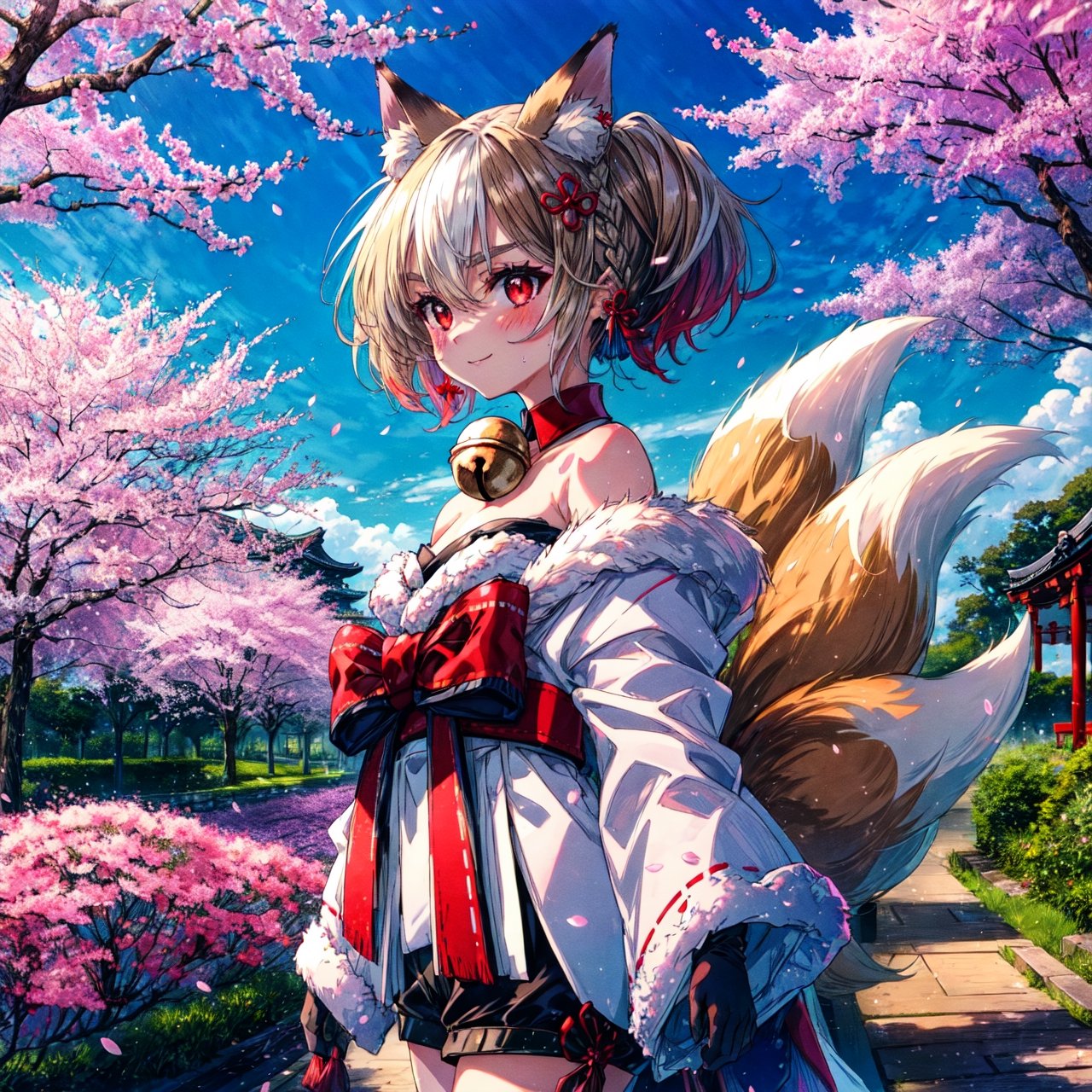 1girl, album cover, ((cherry blossoms)), detached sleeves, flower, frills,bow, hair bow, midriff, navel, pink petals, smile,,1girl, from side, medium shot, (highres, realistic, best quality, masterpiece, ultra-detailed, textured, ambient lighting, cinematic lighting), animal ears, stand, fox ears, animal ear fluff ,bangs , red eyes , multicolored hair , twintails , animal ear fluff ,brown hair , hair ornament ,bell , solo ,braid ,neck bell , fox girl , jingle bell ,gloves , fur trim , ribbon ,two-tone hair ,japanese clothes ,off shoulder ,bare shoulders ,collar ,bow ,long sleeves , streaked hair ,blush , black gloves , tail ,((white hair)), fox tail , kimono ,wide sleeves , red bow , red ribbon ,multiple tails , red hair , collarbone , hair ribbon , short hair , choker , socks , shorts , ribbon trim , sash , black shorts , rope , small breasts , white kimono , fur-trimmed sleeves , tabi , black footwear , black socks , gradient hair , v-shaped eyebrows , dress ,sandals , hair between eyes , obi , medium hair , grey hair , thick eyebrows , short twintails , strapless , sweat , shimenawa , outdoors , fur-trimmed kimono kitsune, earrings, japanese flag, jewelry, red background,CLOUD