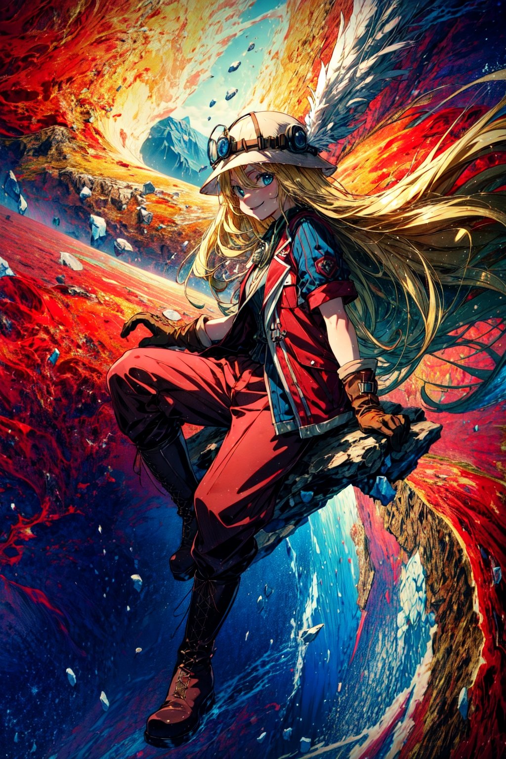 masterpiece, best quality, highres, 1girl very long hair blonde hair curly hair, red jacket helmet whistle short sleeves brown gloves red pants hat feather boots  sitting, floating hair, from side, looking at viewer, cliff, smile