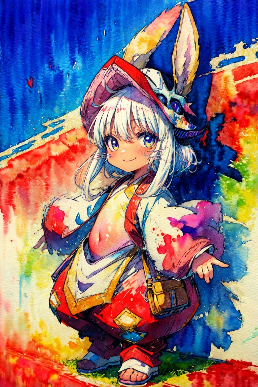 wamudraws, itsunknownanon, pixelsketcher, dimwitdog, canaryprimary, sicmop, (((thick outlines, watercolor:1.1))) BREAK, outdoors, market, (detailed background:1.1), standing BREAK nanachi, narehate, white hair, horned helmet, headdress, pants, smile, looking at viewer