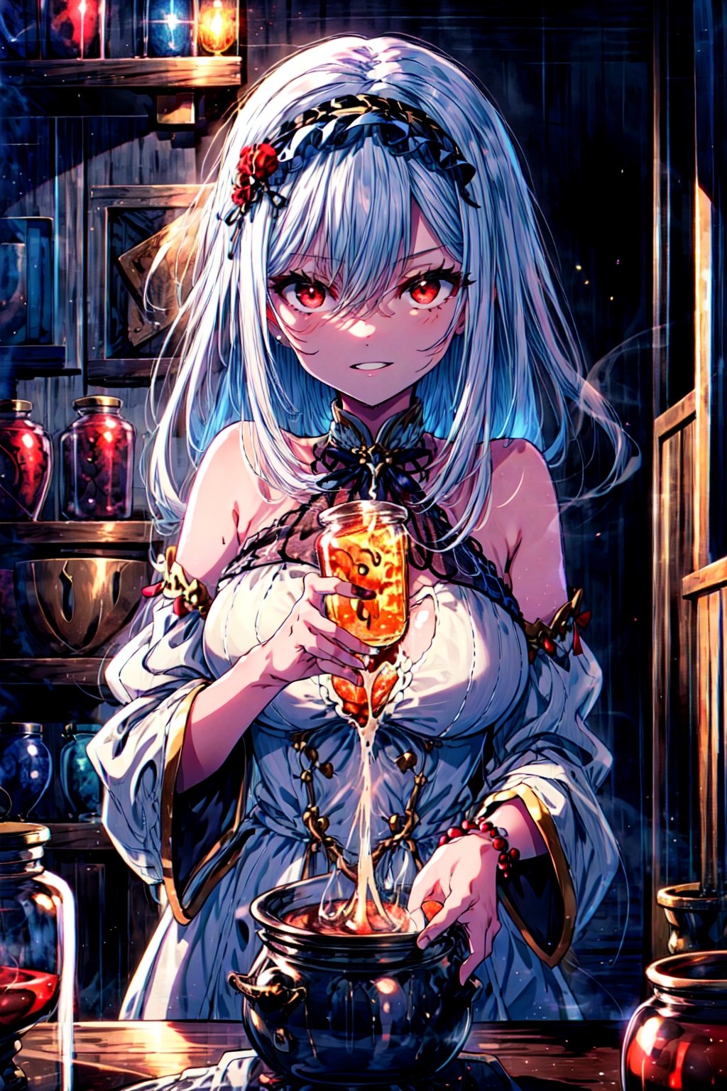 masterpiece,best quality,highres,cinematic lighting,dramatic angle,1girl,white hair,hairband,looking at viewer,glowing eyes,red eyes,white dress,bare shoulders,tassel,layered dress,detached sleeves,,upraised eyebrows,parted lips,evil smile,black ribbons,portrait,holding potion,pouring liquid to a boiling pot,atelier,at laboratory,Biological samples soaked in glass jars,,shaded face,a big pot of poison,feathers,steamy,screaming soul like smoke,illusion neckline,