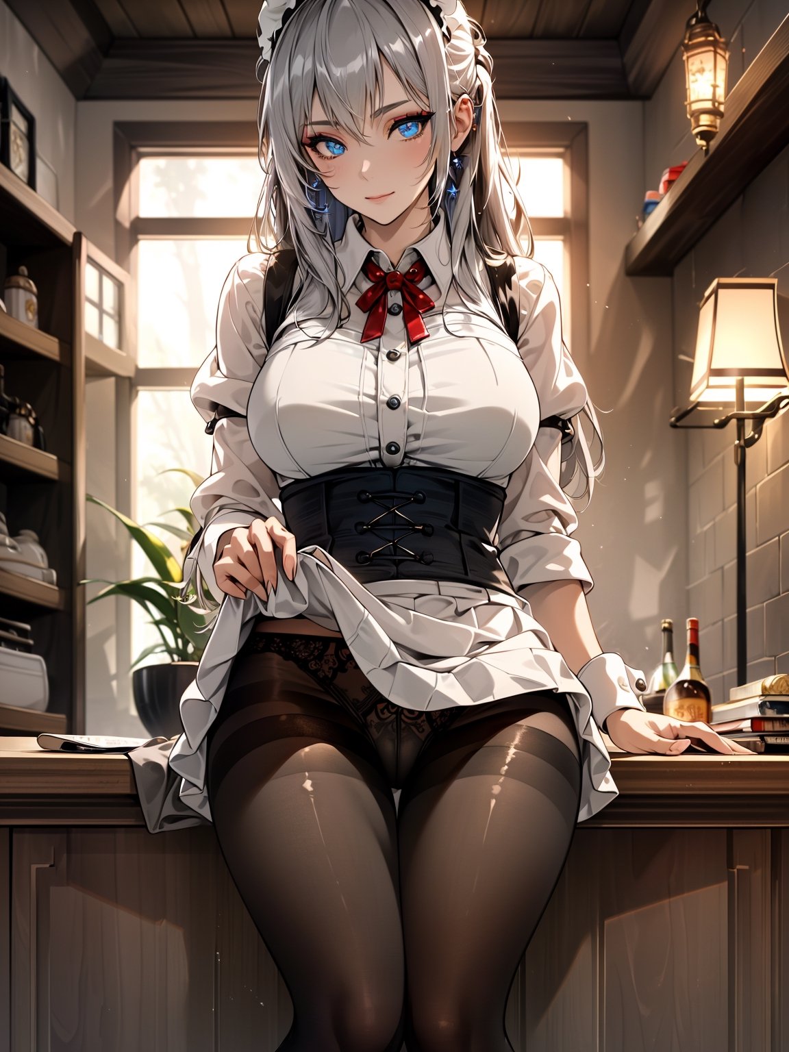 ((masterpiece, sidelighting, finely detailed beautiful eyes: 1.2)), ultra-detailed, ultra high res, professional lighting, high quality makeup, beautiful detailed eyes, sexy, beautiful, big eyes, , cowboy shot, maid suit, sitting, lift skirt to show underwear, black underwear, black pantyhose