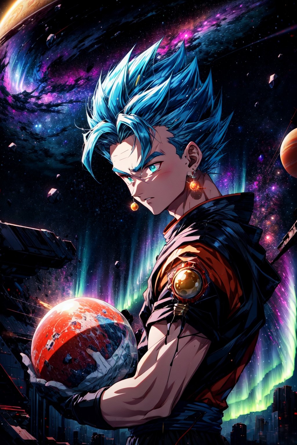 1boy, floating, solo, outer space, ((planet)), aurora on planet, sunlight, , energy ball, electricity,  vegetto, blue spiked hair, jewelry, earrings, blue hair, blue and orange dougi, (realistic), white glove, 