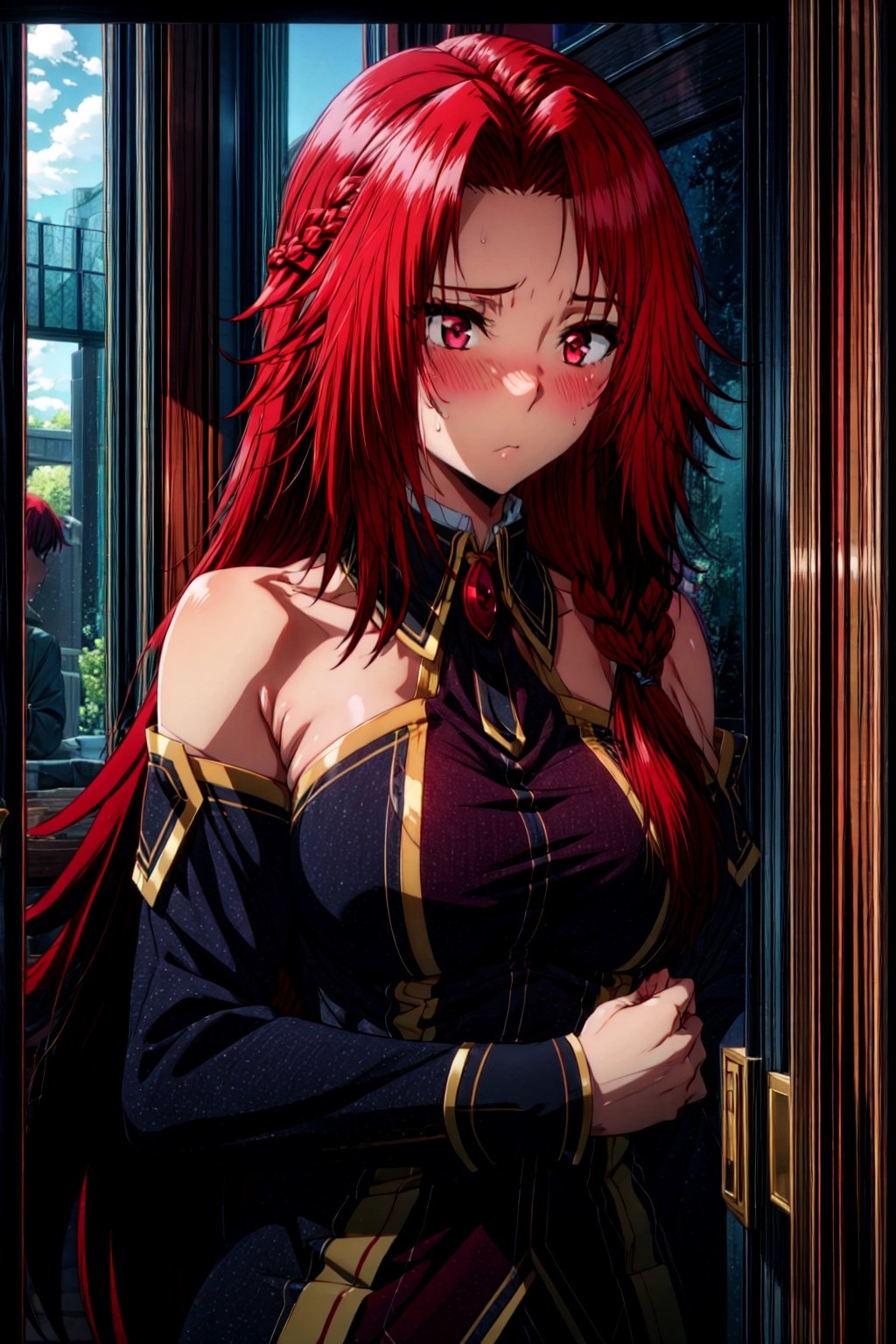 iris, 1girl, red hair, solo, red eyes, long hair, blush, braid, breasts, black border, sweatdrop, upper body, large breasts, long sleeves high quality, best quality, ultra detailed, masterpiece, bare shoulders, 