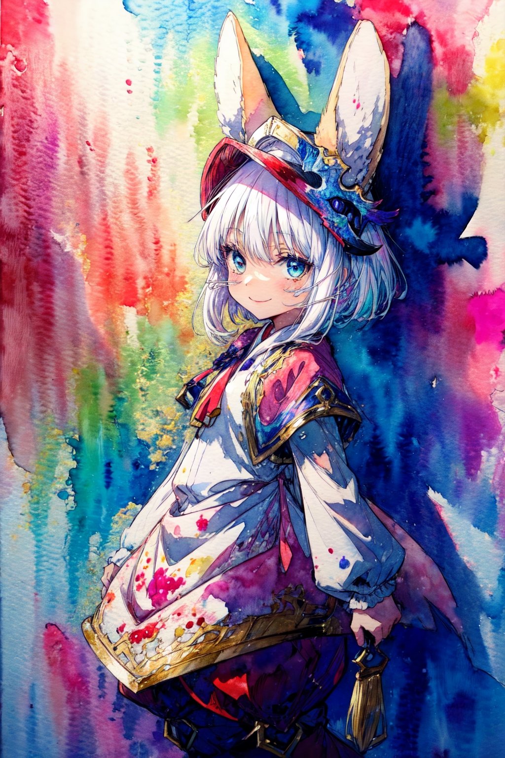 wamudraws, itsunknownanon, pixelsketcher, dimwitdog, canaryprimary, sicmop, (((thick outlines, watercolor:1.1))) BREAK, outdoors, market, (detailed background:1.1), standing BREAK nanachi, narehate, white hair, horned helmet, headdress, pants, smile, looking at viewer