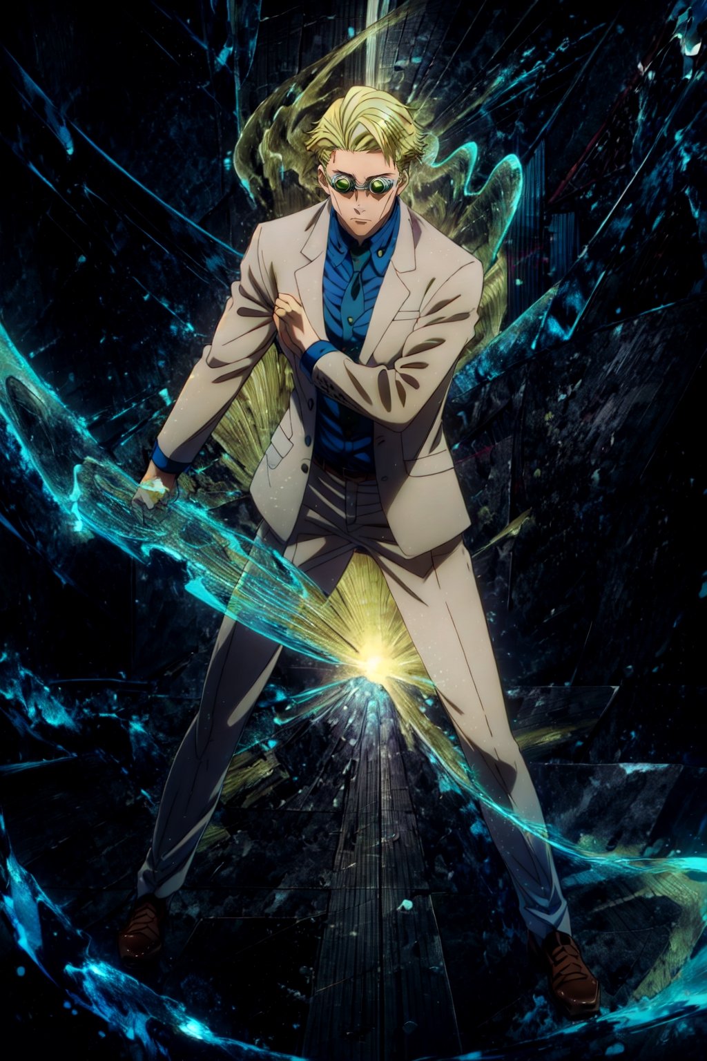 masterpiece,highres,high quality,extremely detailed,solo, , goggles,tinted eyewear, KentoNanami,1man, serious,jacket,formal,suit,collared shirt,blue shirt, full body,fighting_stance,aura,