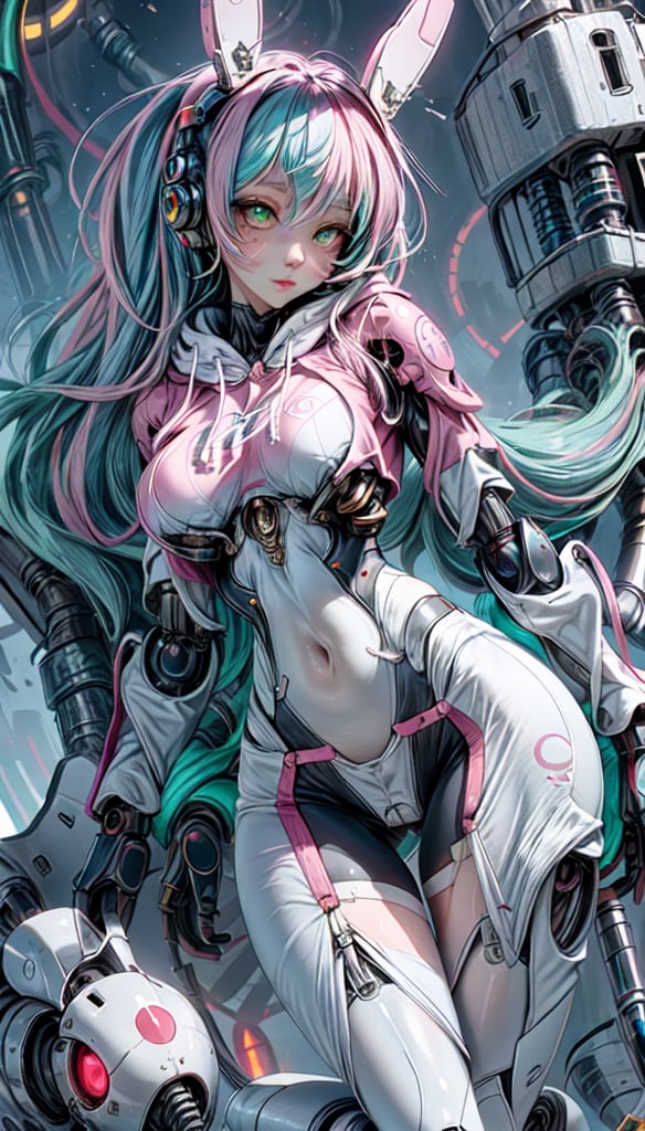 1girl, pelvic, (perfect hip, bib breast, narrow waist, curvy waist:1.2), mecha body, crimson skin, green eyes, gentle, pink hair, uniqueness, strength in diversity, mechanical parts, cropped hoodie underboob, shiny skin, glossy skin, blusing face