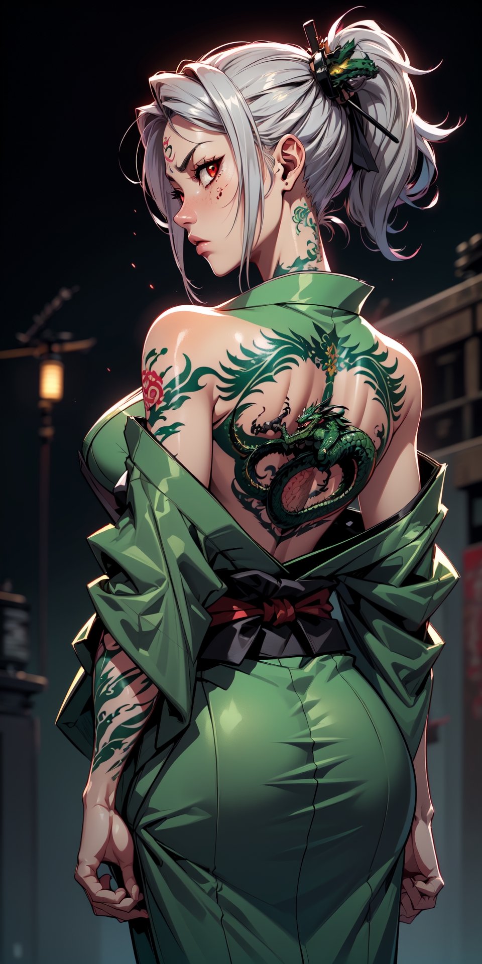  1 girl , samurai,  (((tattoo of a green dragon))), (((dragon tatoo))), back tattoo, cute girl, proper pretty red eyes, angry face looking at camera , Ponytail, (((gray hair))) , blood stains ,  cyborg arm, (((backless))), upper body , (((green kimono))), arms holding katana , Sci-fi, ultra high res, futuristic , {(solo)}, upper body , {(complex background , outdoors space background, Mecha Transport parts)}, Science Fiction,tattoo,