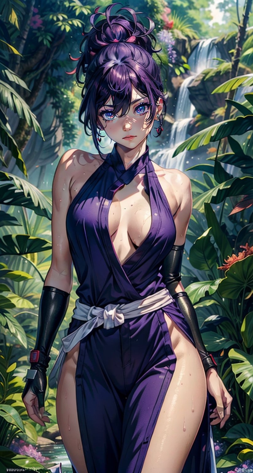 1female,21yo, Slim,熟妇,  Thin waist,slender legs, Pornographic exposure, solo, yuzuriha_(jigokuraku), purple hair, brown eyes, ninja, open clothes, cleavage, small breasts, topknot, medium hair, breasts apart, seductive smile, pants, undressing, (blush:1.1), arm guards, gloves, tabi, looking at viewer,（Background with：ln the forest,the rainforest,in summer,standing on your feet,Sweat profusely,drenched all over the body,seen from the front, hair straight, mostly cloudy sky,（（（tmasterpiece）,（Very detailed CG unity 8K wallpaper）,best qualtiy,cinmatic lighting,detailed back ground,beatiful detailed eyes,Bright pupils,（Very fine and beautiful）,（Beautiful and detailed eye description）,ultra - detailed,tmasterpiece,））,facing at camera,A high resolution,ultra - detailed）,revealing breasts, Bulge,legs are open,Raised sexy,Flushed complexion,Open-mouthed, frontage, 