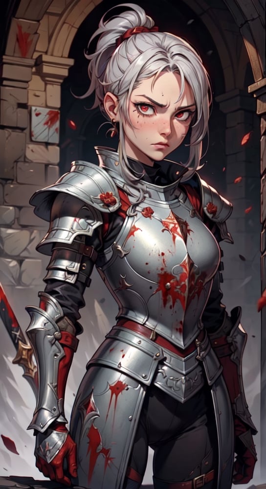 (looking at viewer:1.2), centered, (upper body), photography of a 22yo woman, red eyes, angry face, ear piercing, masterpiece, | (detailed eyes:1.2), , Ponytail gray hair , blood stains, {(solo)}, armor, knight templar with her armor crouching holding her sword and shield, silver knight armor, templar sign, ,delicate\(armor\), red and white theme, detail background, medieval armor
