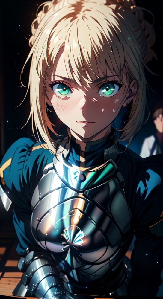 Artoria Pendragon \ (Destiny\), best quality, （tmasterpiece）, （Very detailed CG unity 8K wallpaper）, armored dress, glowing, gauntlets,breastplate, hair bun, cinmatic lighting, detailed back ground, beatiful detailed eyes, Bright pupils, （Very fine and beautiful）, （Beautiful and detailed eye description), art book, anime coloring, CG, illustration, fantasy, 1 girl, solo, looking at the audience, attoria pendragon \ (destiny), armor, detailed beautiful face and eyes, oppressive environment, capable slender body ,dexterous dynamic, 1 girl, solo, ahegao, green eyes,  phSaber, phAltoria, portrait, standing, looking at the audience, sweat, blush,midjourney, front-view, body face viewer