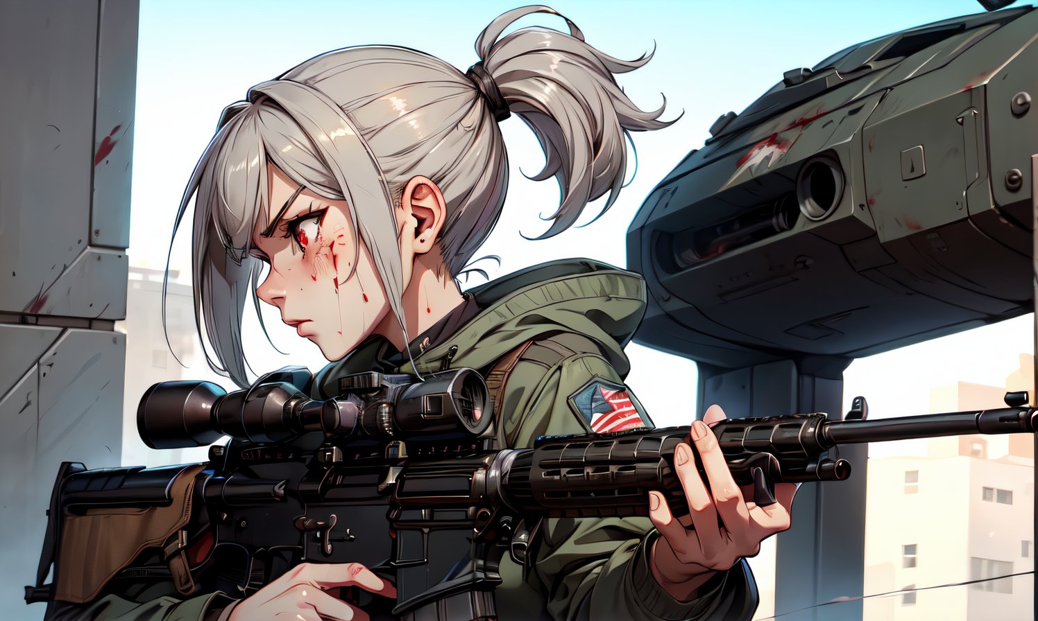  1 girl , Pilot , cute girl, proper pretty red eyes, side profile angry face looking at camera , Ponytail gray hair , blood stains , green hoodies, military clothes, Sci-fi, ultra high res, futuristic, bulge, holding m4a1 (girls' frontline), aiming rifle, shooting trigger discipline