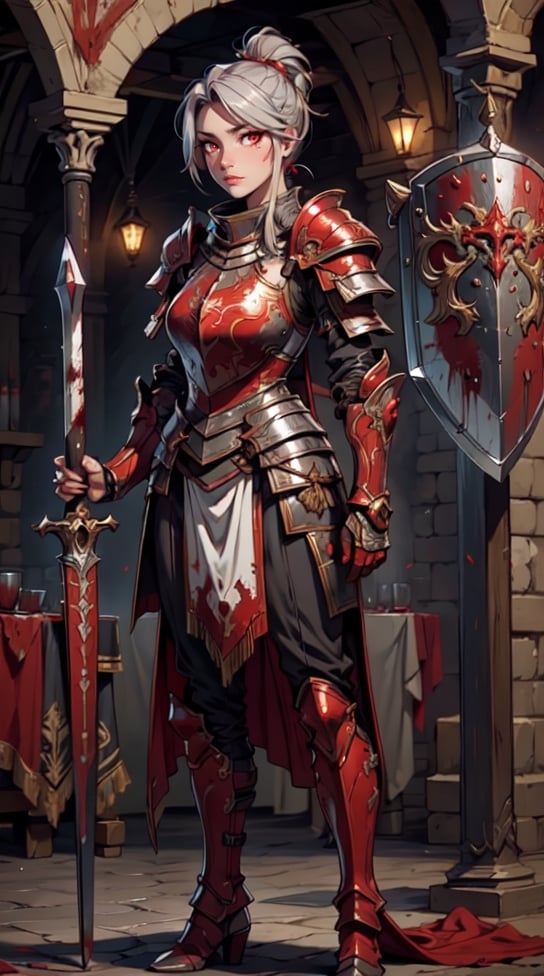 (looking at viewer:1.2), centered, (full body), photography of a 22yo woman, red eyes, focus face, masterpiece, | (detailed eyes:1.2), , Ponytail gray hair , blood stains, {(solo)}, armor, knight templar with her armor crouching holding her sword and shield, knight armor, templar sign, ,delicate\(armor\), red and white theme,medieval armor