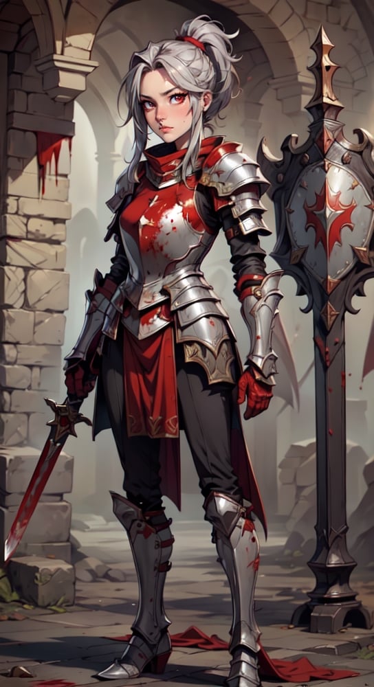 (looking at viewer:1.2), centered, (full body), photography of a 22yo woman, red eyes, focus face, masterpiece, | (detailed eyes:1.2), , Ponytail gray hair , blood stains, {(solo)}, armor, knight templar with her armor crouching holding her sword and shield, knight armor, templar sign, ,delicate\(armor\), red and white theme,medieval armor