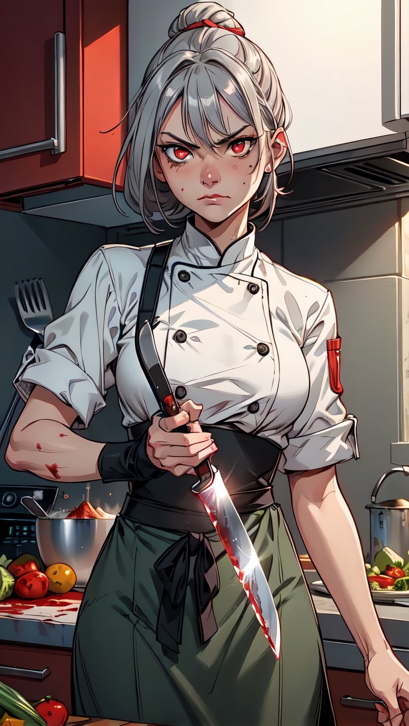  1 girl , chef , cute girl, proper pretty red eyes, angry face looking at camera , gray hair , blood stains , chef cloth, chef green clothes, in the kitchen background, Sci-fi, ultra high res, futuristic, bulge, holding knife, chopping vegetable