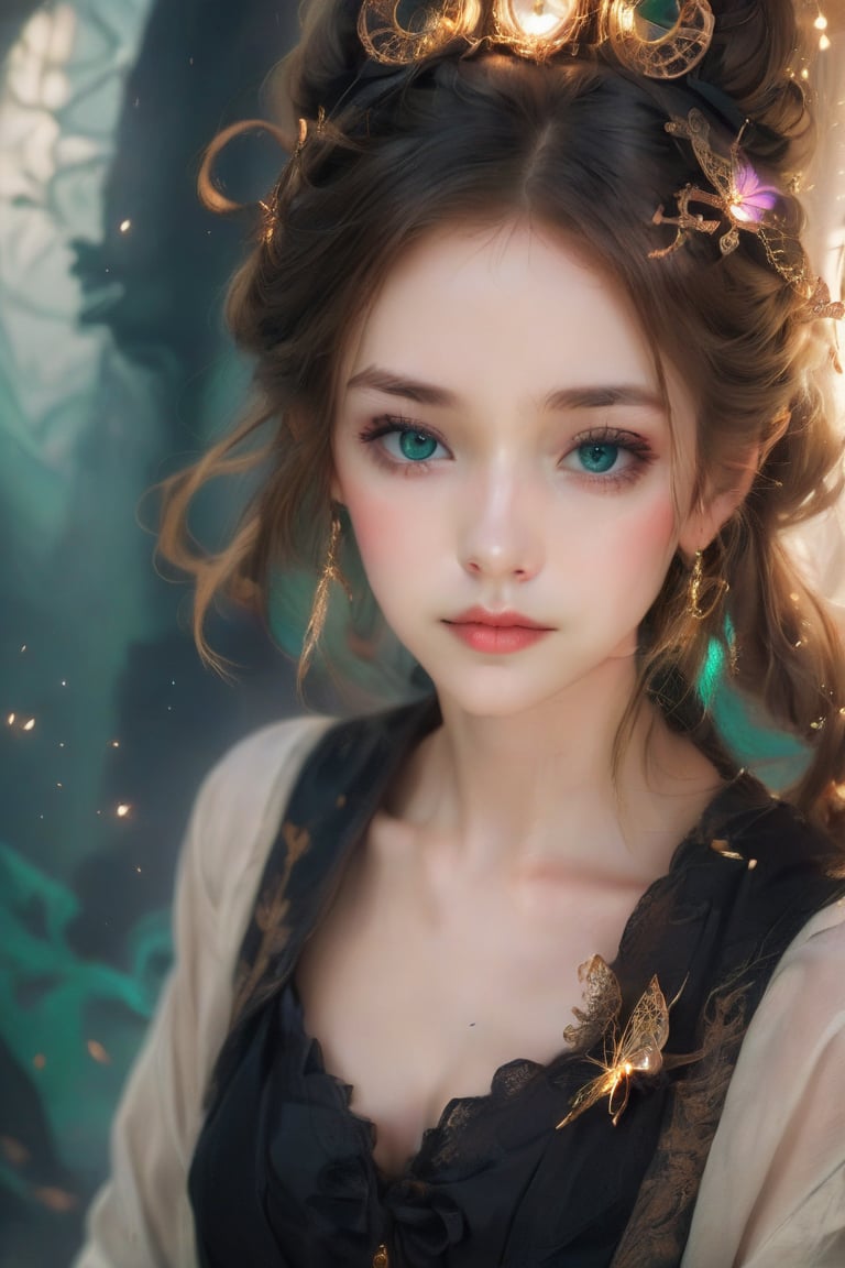 blond open hair, beautiful, magic, super detailed, cinematic light, dramatic, sparkling butterflies,  green eyes, ,steampunk style,huayu