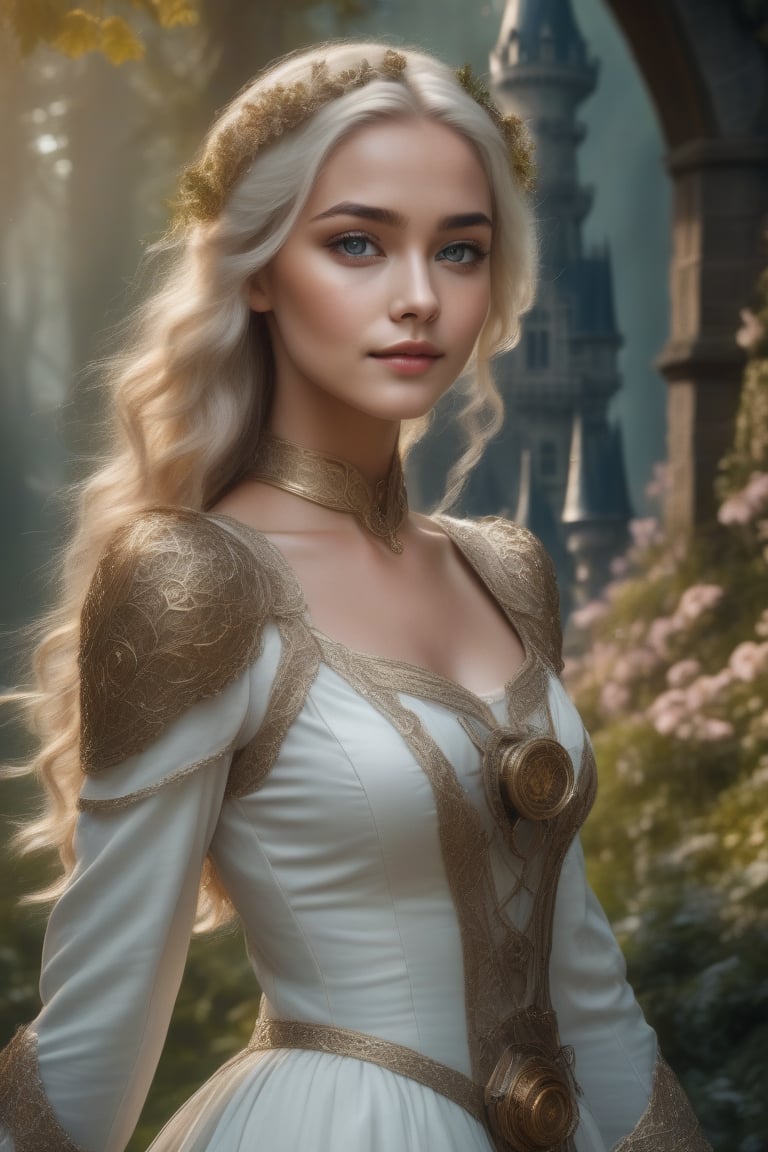 exclusive beautiful cute goddess walking trough the enchanted forest, pretty castle in the backround,  platinum blond waved hair, parts of herbs interwoven in her hair, beautiful, pure magic, super detailed, cinematic light, dramatic, golden skin, sparkling flowers,  green eyes, ,vintage style, 16k high resolution, perfect details,HZ Steampunk, hd, fullbody, white dress, little smile