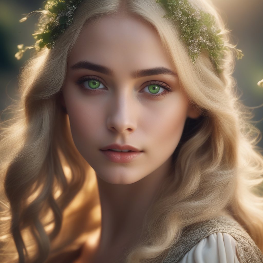 blond open hair, beautiful, magic, super detailed, cinematic light, dramatic, sparkling flowers,  green eyes, ,vintage style