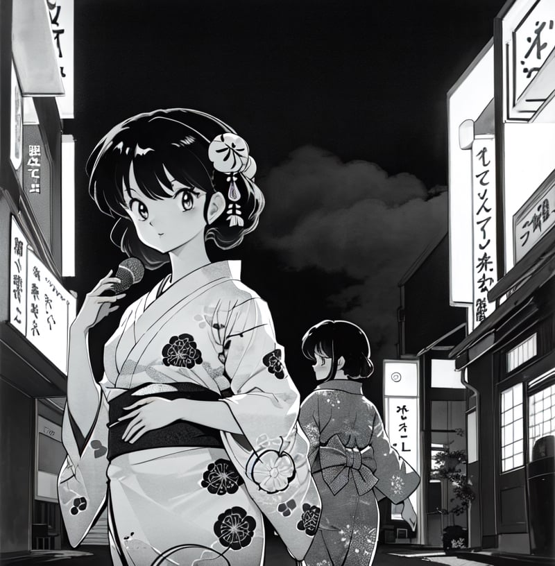 Ranma,takahashi rumiko,Watercolor,japan,summer,yukata,night,monochrome