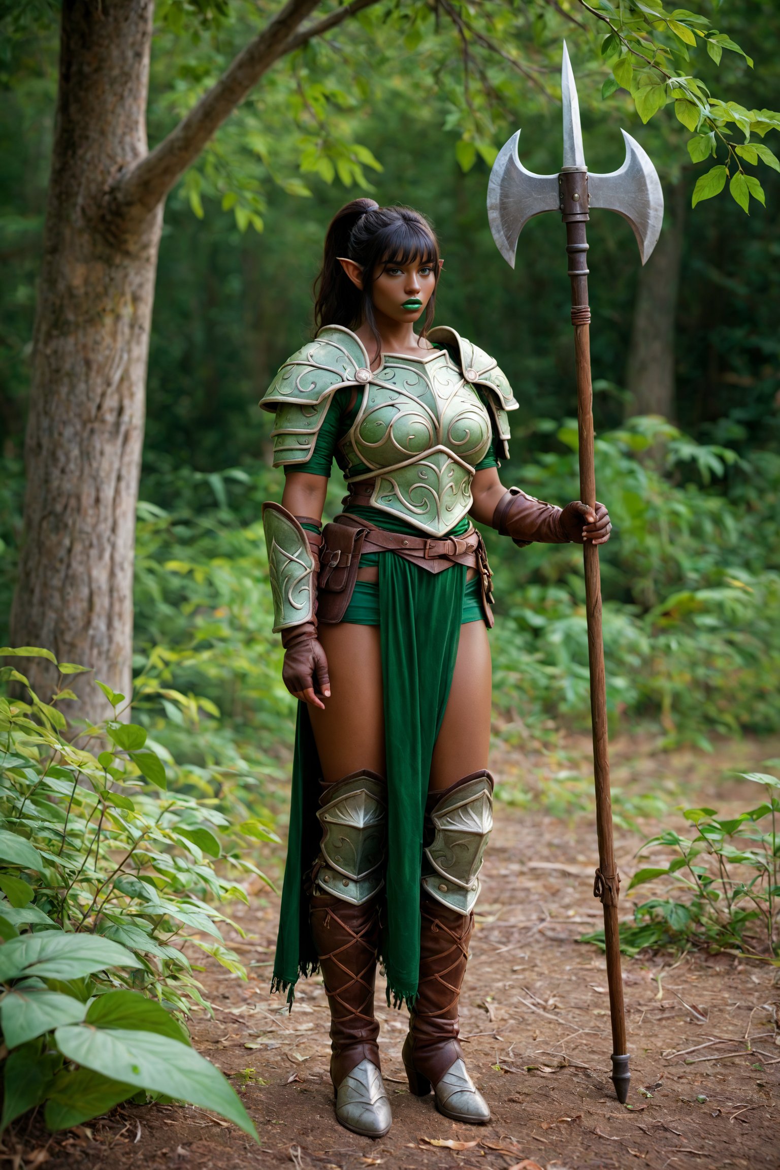 armored dryad woman carrying spear, holding halberd, holding spear, brown skin, dark skin, black skin, brown woman, dark skinned woman, Her green lips shine with green lipstick, wood fantasy armor, wood armor, long legs, long legged, tall woman. leaf themed armor, wood themed armor, bangs, spear, halberd, trousers, pants, greaves, leather pants, hair bangs, chopped bangs, full body armor, fantasy wood armor. she wears wood gauntlets and arm wrappings, brown leather clothing, green dress, green clothing, full body armor, armor, knight armor, hair bangs, wild ponytail, in a mystical grove in a dark forest. Every detail is rendered in exquisite high-quality perfection, transporting viewers to a realm of wonder and magic. Wooden suit of armor, dryad, plant clothing, wood clothing, leaf clothing, thigh high boots, wooden boots,

Dryad woman, fantasy dryad, green lips, green lipstick, wood elf armor, Perfect brunette poofy ponytail, framing her green lips. every detail is rendered in exquisite high-quality perfection, green leather, arm wrappings, shiny green lips, green lipstick, wooden fantasy attire, green lipstick, score_9, score_8, score_7_up, high detail, leather gloves. high resolution, wooden armor,